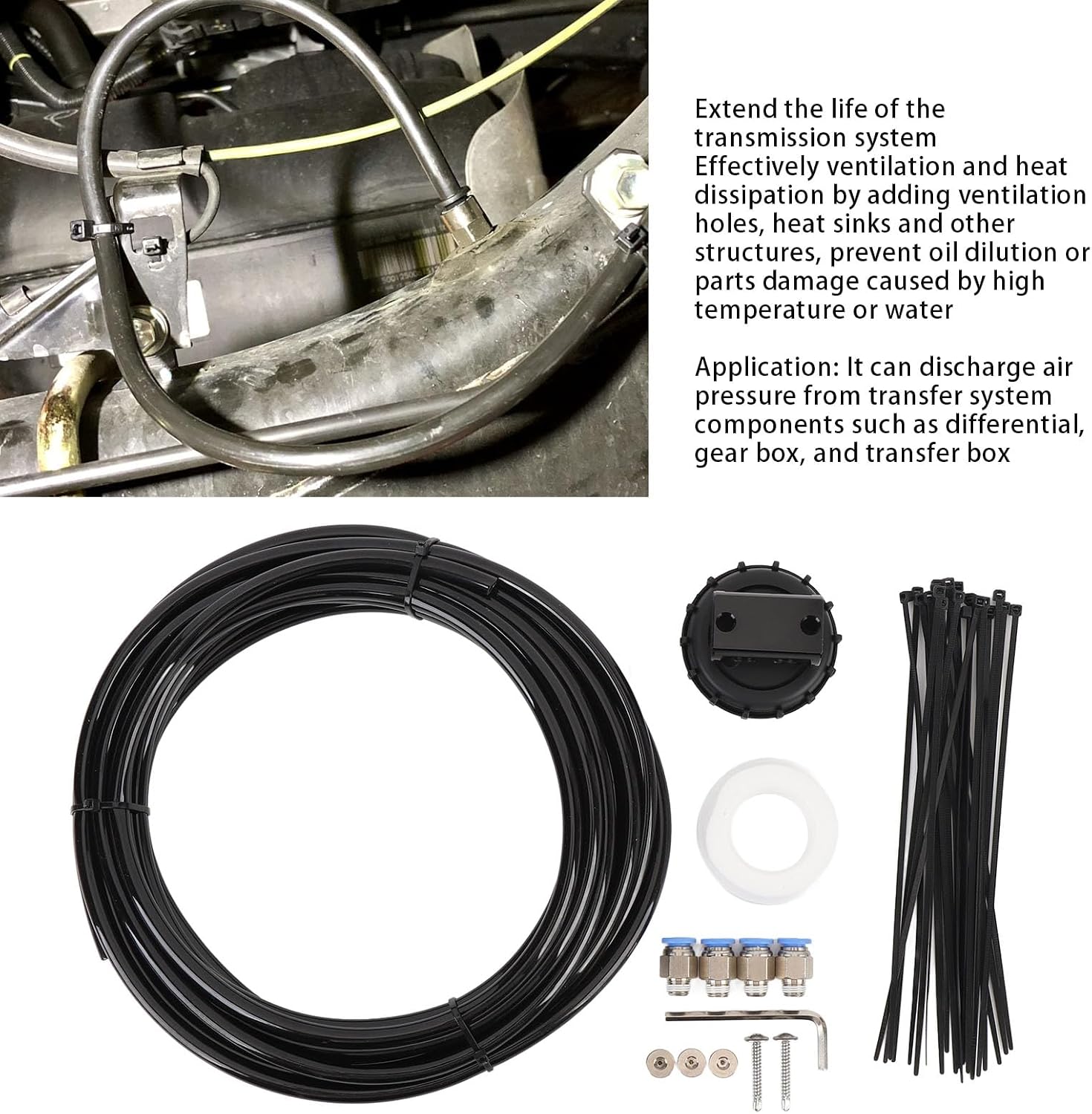 Differential Breather Kit, Transfer Case Breather Kit, High Flow Ventilation System with Central Air Filter for Differential Axle and Transfer Box, Compatible with OE
