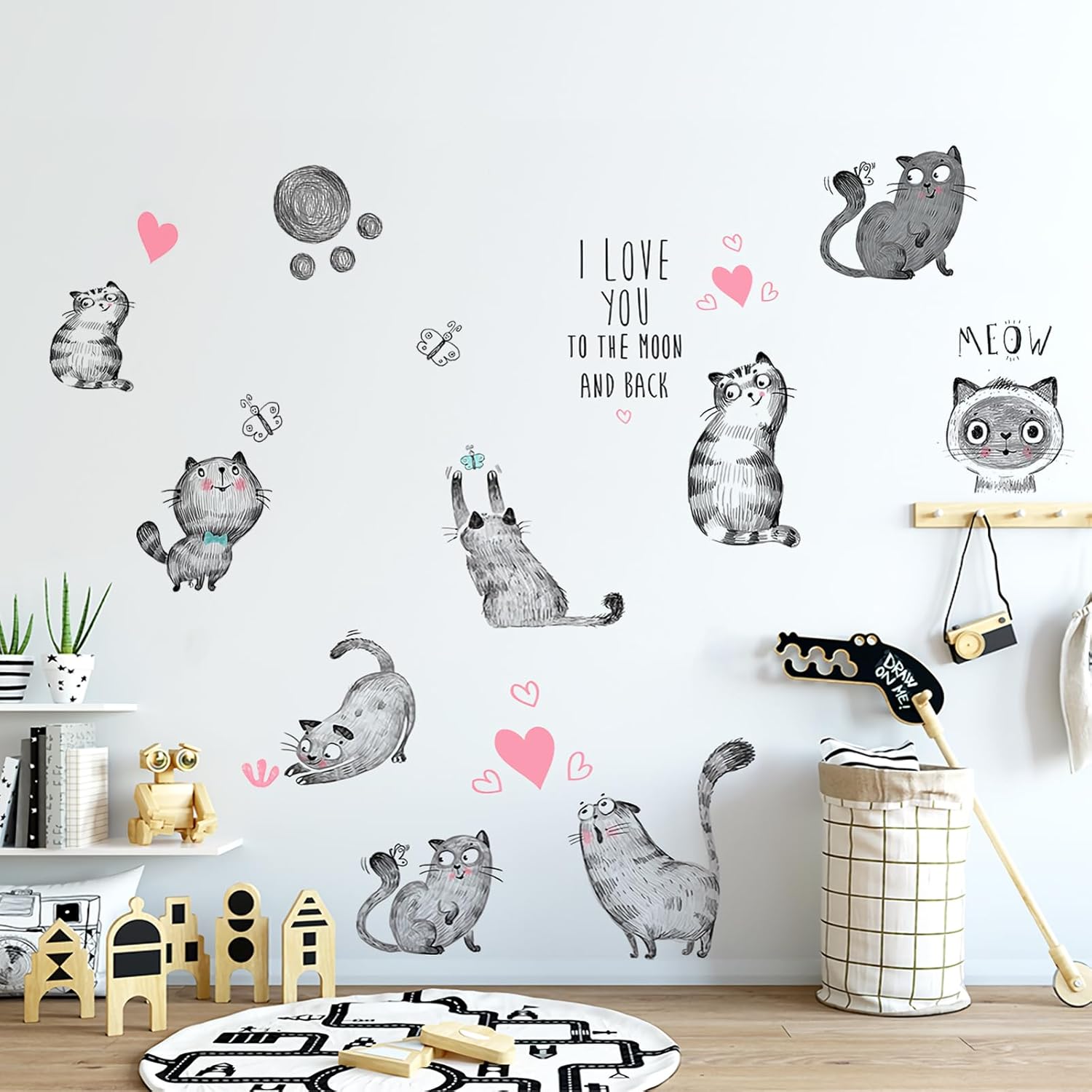 OOTSR Cute Cat Wall Stickers, HandDrawn Printed Wall Decal Removable