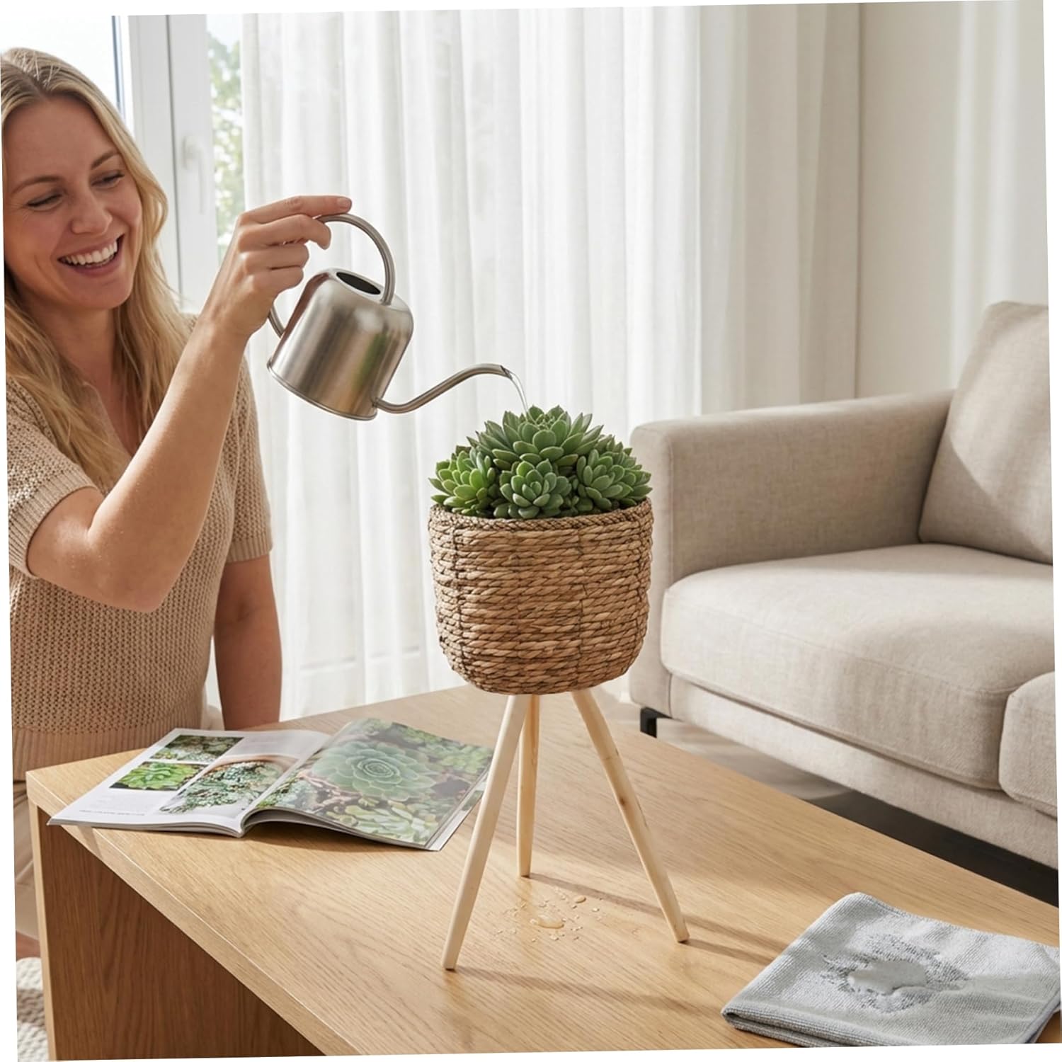 Planter with Legs - Modern Rattan Plant Stand Indoor for Floor Plants, Decorative Brown Plant Stand for Home, Balcony, and Office Decor