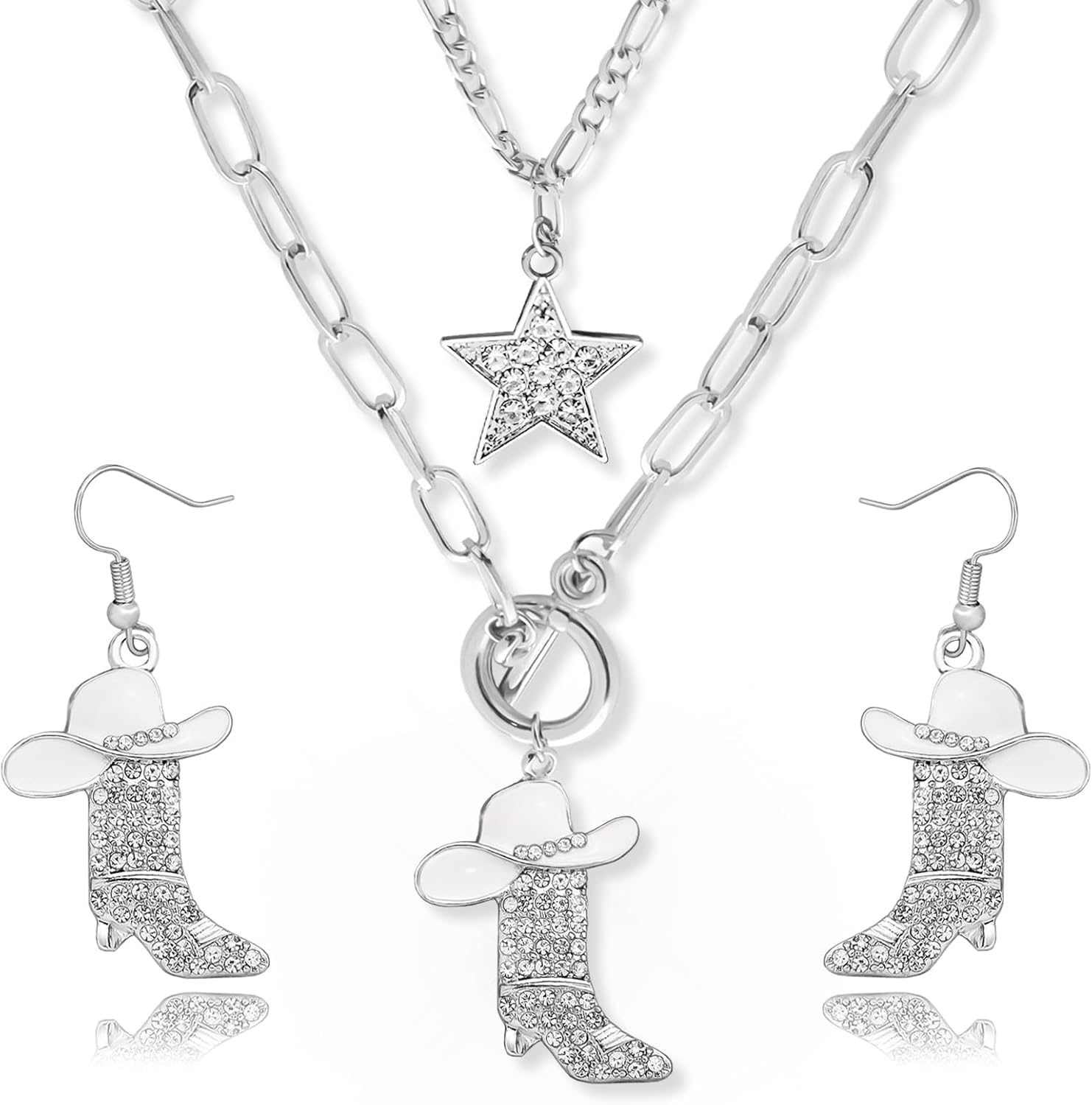 3 Pcs Cowgirl Necklace Earrings Western Jewelry Set for Women, Sparkly Rhinestone Stacked Cowboy Enamel Hat Boot Star Choker Western Earrings Necklace Country Jewelry for Women
