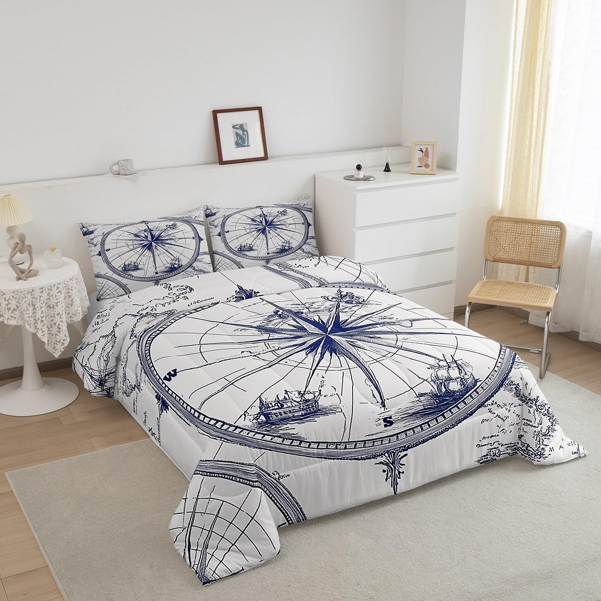 Feelyou Compass Print Comforter Set Queen Size Ocean Nautical Themed Bedding Set Kids Boys Girls Geometric Circles Pattern Comforter Coastal Sea Adventure Quilt Set