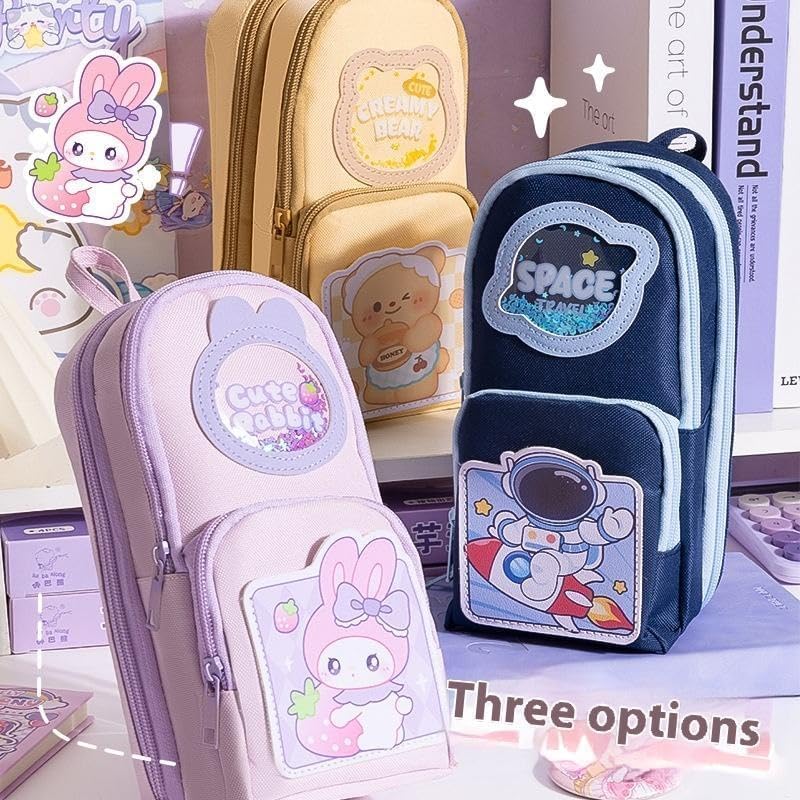 Image of Canvas School Bag Pencil Case, 3 Layer 6 Compartment Large Capacity, Aesthetic Pencil Pouch for Stationary, Cute Stationery for Kids, Pencil Case for Girls & Boys (Creamy Bear Kit)