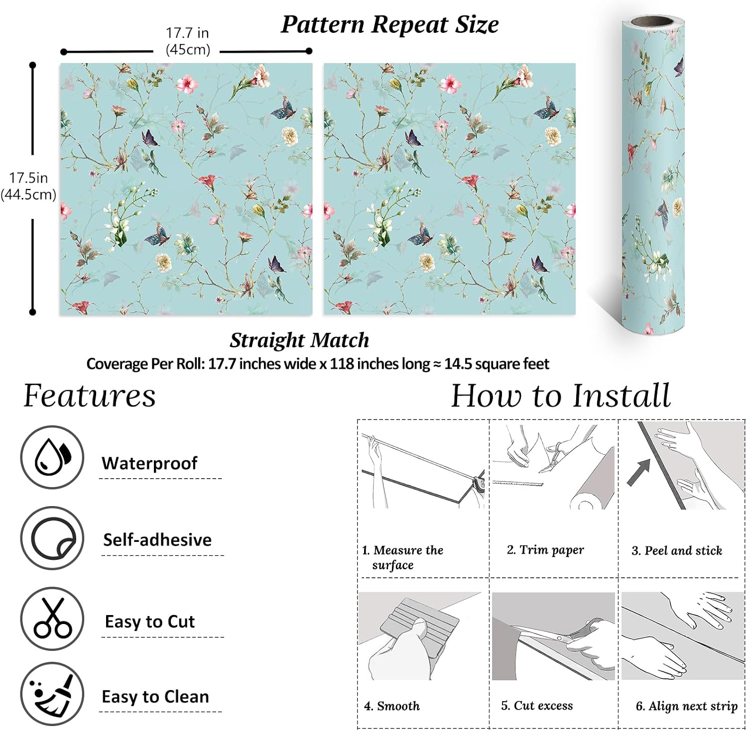 VEELIKE Light Blue Chinoiserie Wallpaper Vintage Butterflies Floral Peel and Stick Wallpaper for Bedroom Bathroom 17.7''x118'' Removable Prepasted Floral Wall Mural Contact Paper for Cabinets Walls