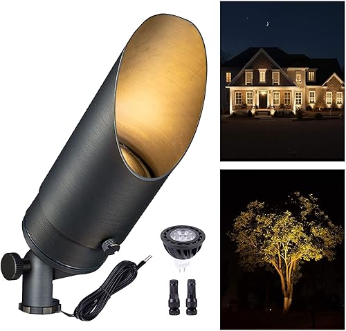 Gardenreet Foco de paisaje de latón macizo luz vertical de bajo voltaje de 12 V para exteriores elástico con bombilla LED MR16 de 5 W 2700 K blanco