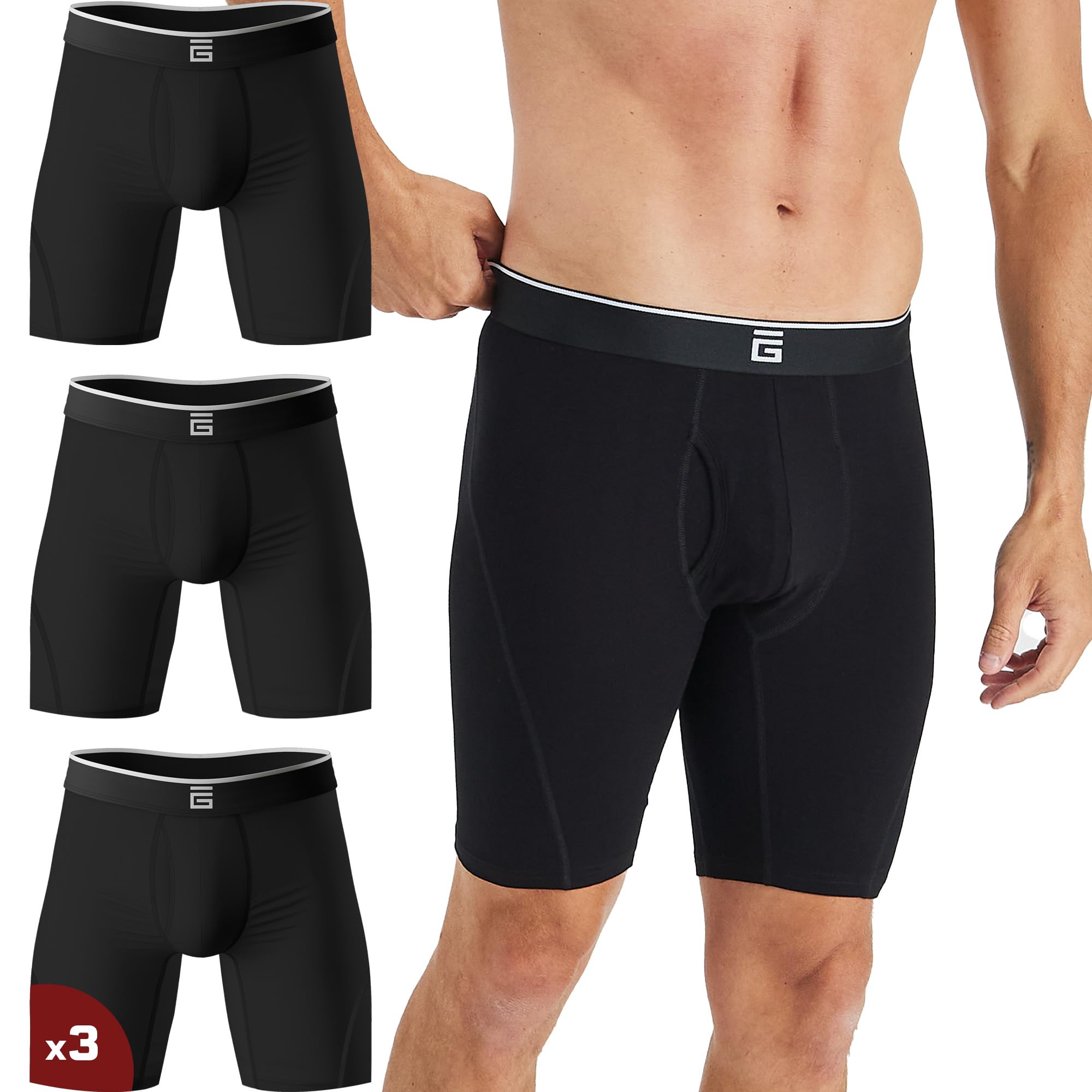 Giovici Mens Long Leg Boxers Bamboo Viscose Anti Chafing Ultra Cooling Underwear with or without Fly Sweat-Wicking Underpants (S, 3PK, Black Long Fly)