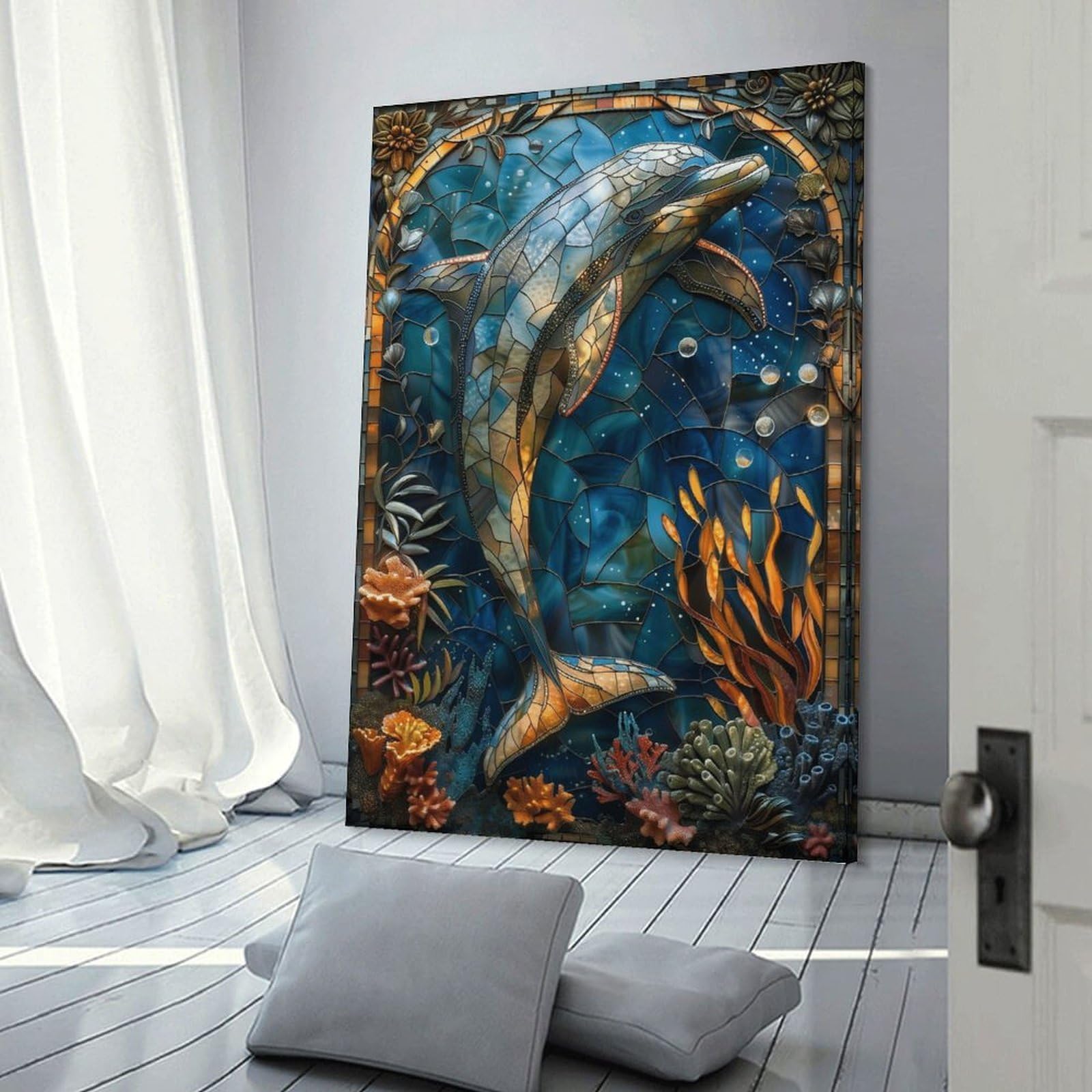 Junmoney Frame-Style-21 Stained Glass Dolphin Artwork Canvas Wall Art, 20X30inch(50X75cm), For Living Room, Bedroom Or Apartment Walls, Decorative Artwork For Empty Walls
