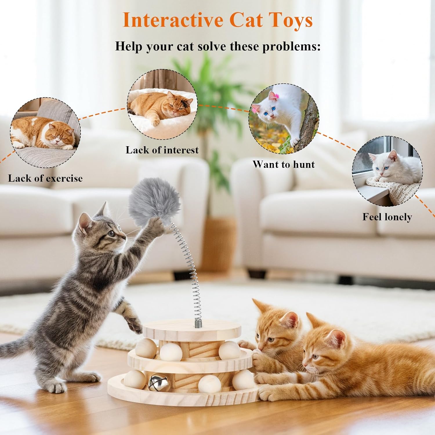 2-in-1 Wooden cat Toy Tower with Spring cat Toy Stick, Indoor Interactive Track Ball for Kittens+Bell Toy - Puzzle Solving, Exercise and Play