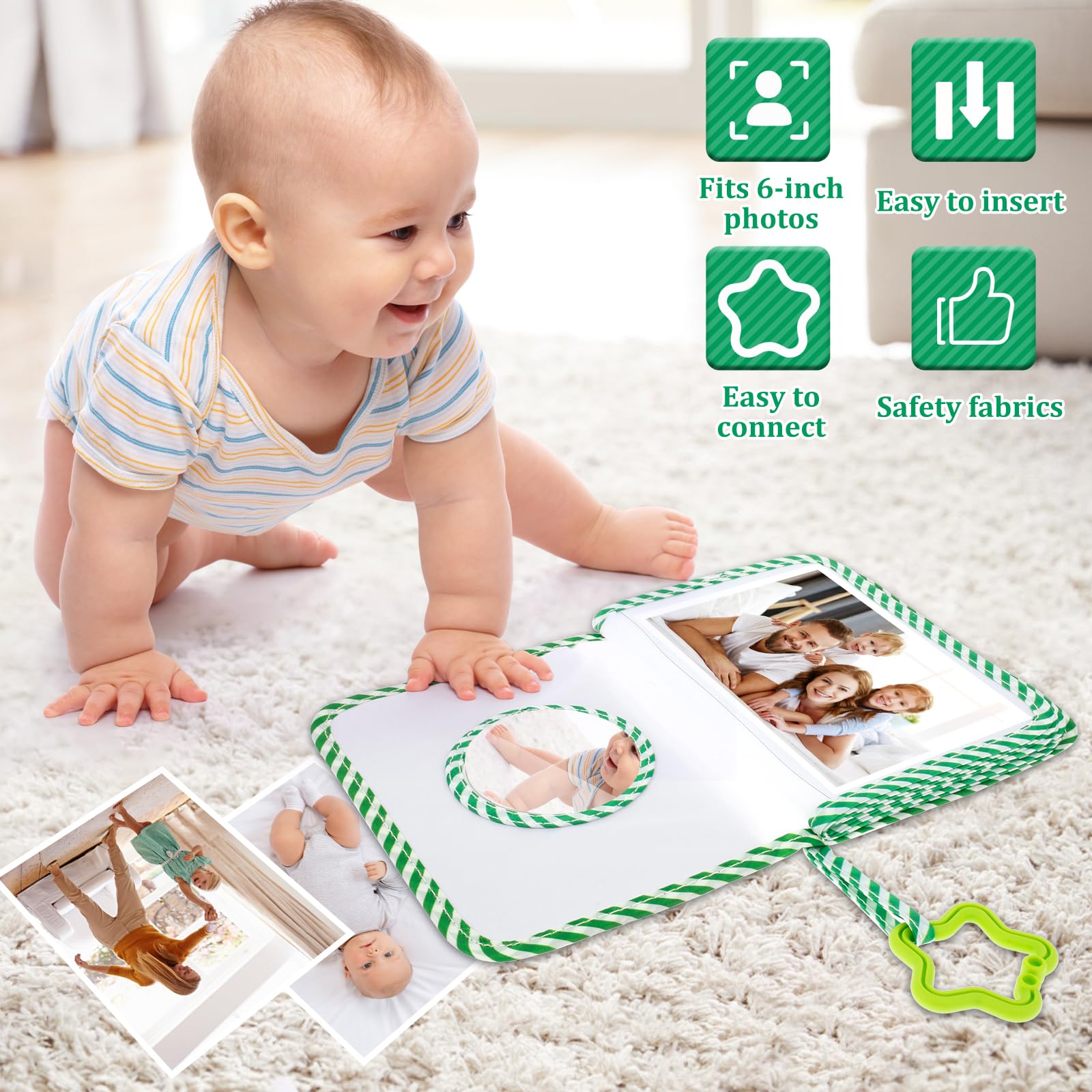 Baby Photo Album Holds 17 4X6 Inch Pictures My First Photo Album Animals Babies Photos Book with Hook Mirror Waterproof Soft Cloth Baby Memory Books for Family Newborns Shower Party Favors(Green) - Image 2