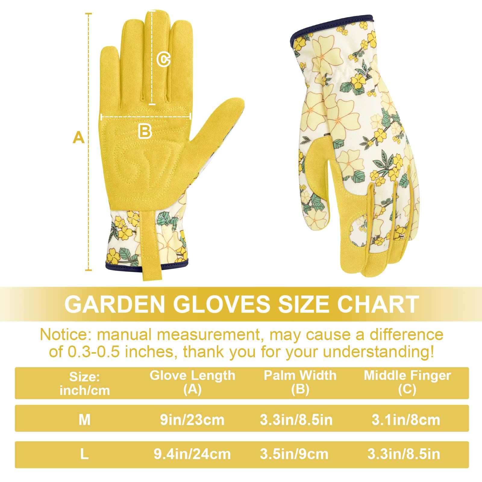 Damen-Gartenhandschuhe, Leder-Gartenhandschuh für Damen, dornensicher, kein Stich zum Graben, Pflanzen, Beschneiden (Größe L, Gelb)