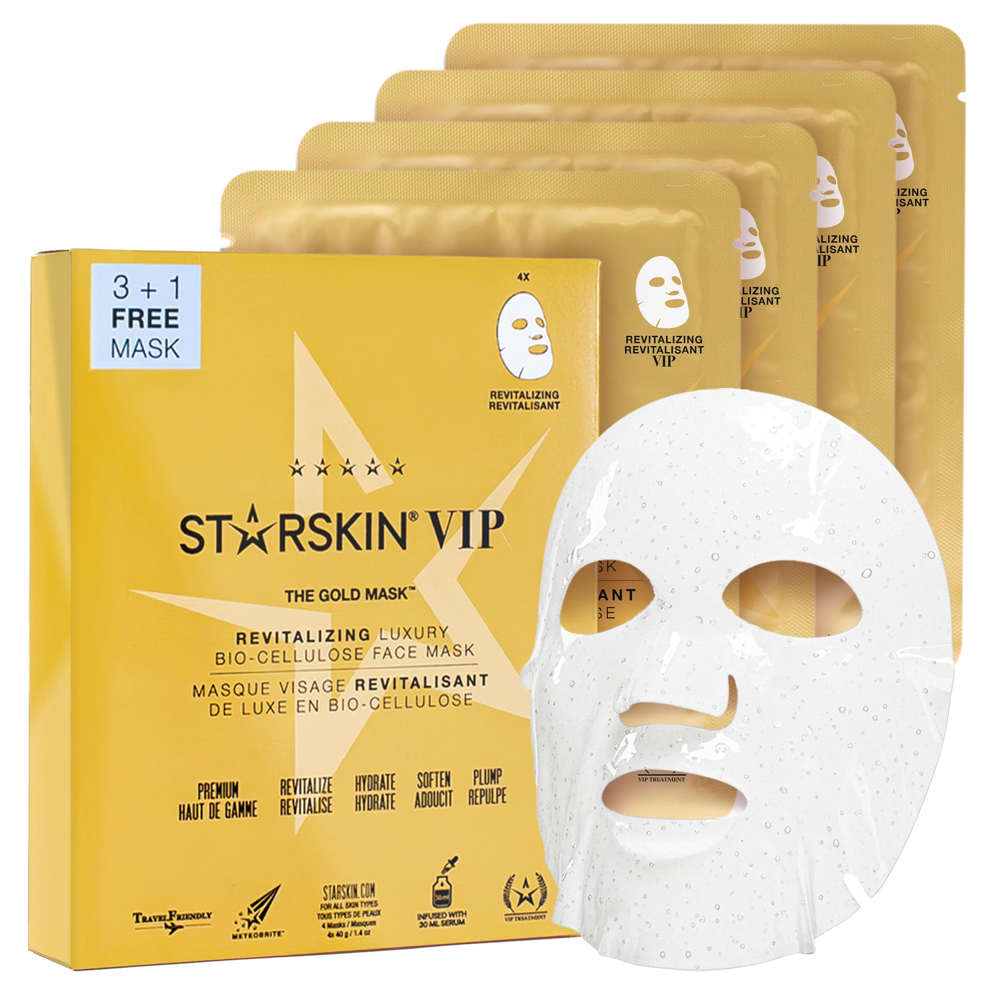 STARSKIN VIP Złota Maska do Twarzy, 4 szt., Bio-Celulozowa Maska Rewitalizująca z Wody Kokosowej, Koreańska Pielęgnacja, Intensywne Nawilżenie