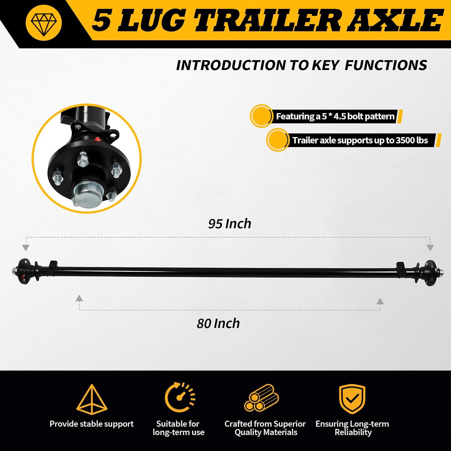 5 Lug Trailer Axle 3500 lbs 95 inch Hubface 80 inch Spring Center 5 * 4.5 Bolt Pattern