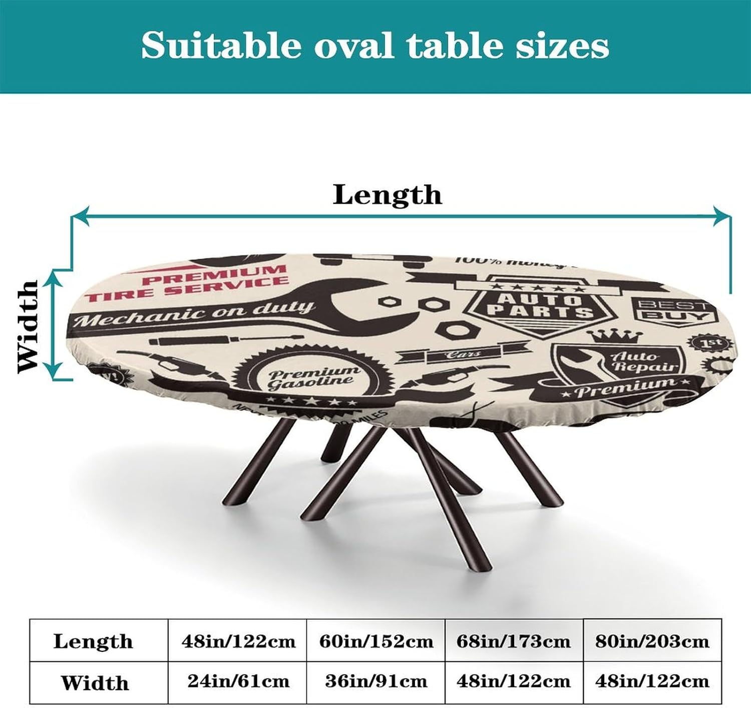 Tools Print Oval Tablecloth Greaseproof Waterproof Elastic Large Oval Tablecloth Oval Fitted Tablecloth for Dining Table Buffet Parties and Camping Fits for 48" x 68" Oval Table