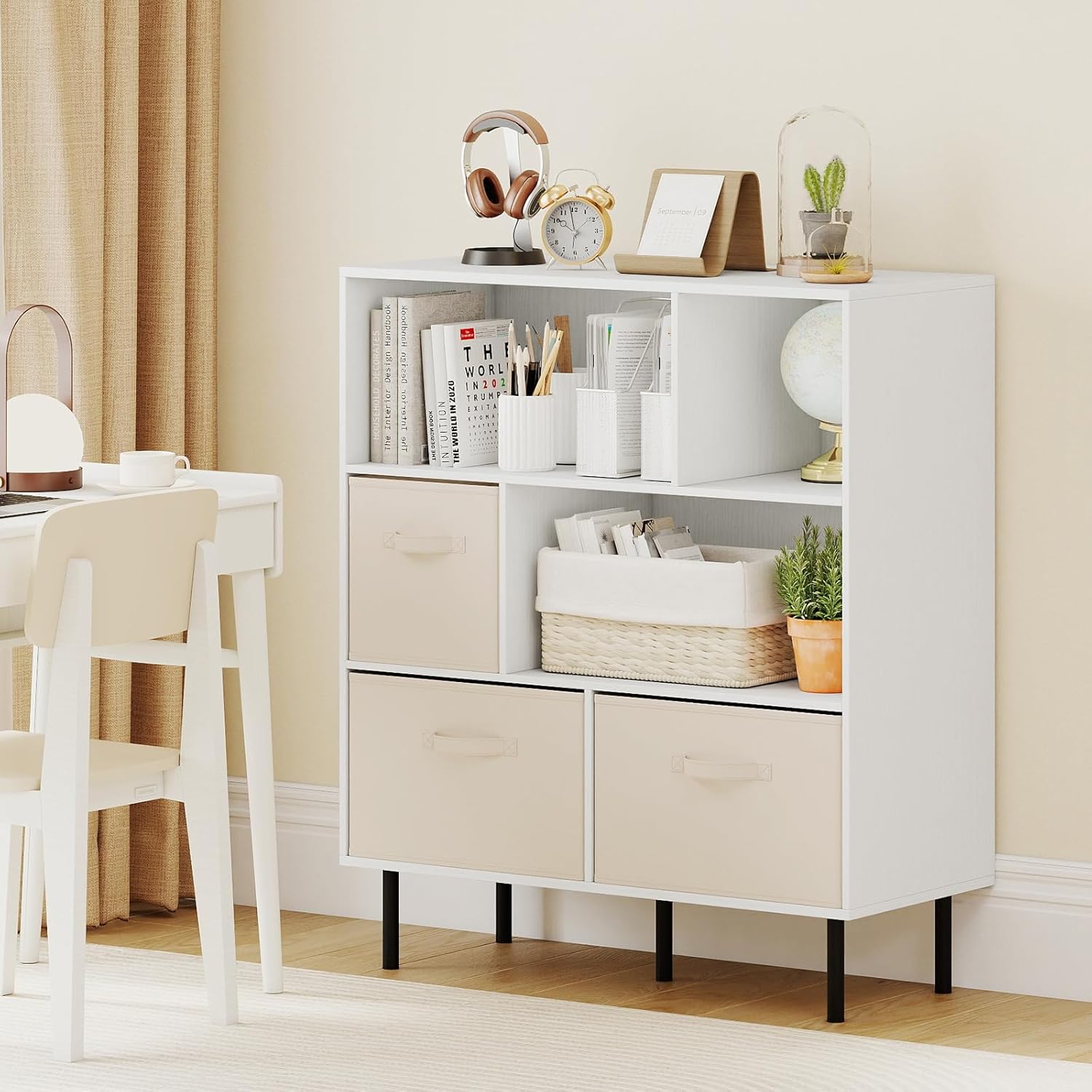 Giantex 6-Cube Bookshelf, 3-Tier White Bookcase with 3 Removable Folding Fabric Drawers, Freestanding Cube Storage Organizer w/Metal Legs, Modern Display Book Shelf for Living Room, Study
