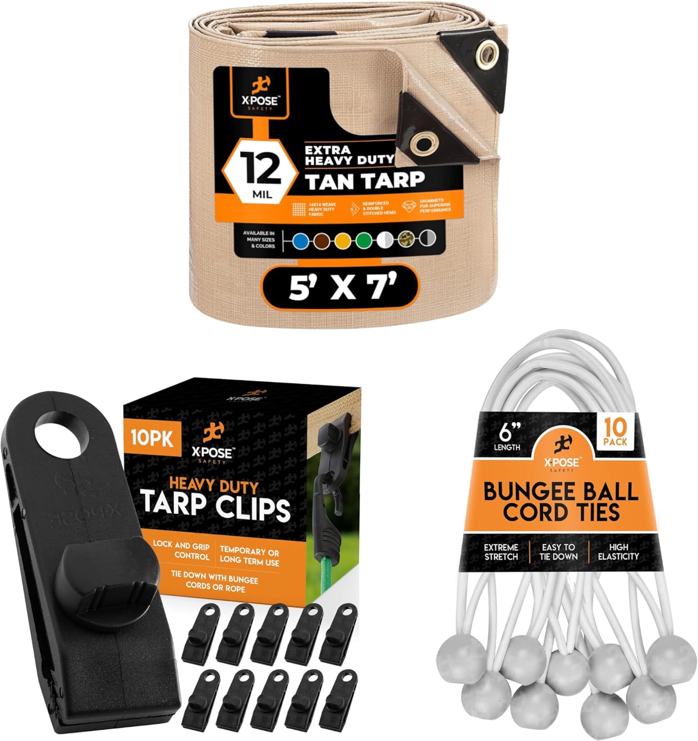 5'x7' Heavy Duty Tan Poly Tarp 12 Mil, 6'' White Bungee Ball Cords (10 Pack), and 10 Reusable Tarp Clips for Durable, Waterproof, Tear-Resistant Outdoor Protection and Organization