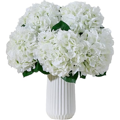 8Pcs White Fake Flowers Silk Hydrangea Artificial Flowers Bouquets Faux Ivory Hydrangea Stems for Home Table Centerpieces Wedding Party Decoration