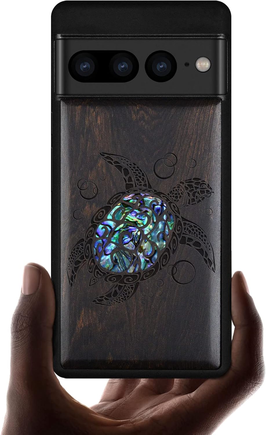 Carveit Designer Wooden Case for Google Pixel 7 Pro Case [Wood Engraving & Shell Inlay] Unique Wood Cover Compatible with Wireless Chargers Pixel 7 Pro (Sea Turtle-Walnut)