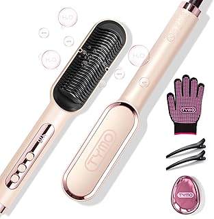 Ring Plus Ionic Hair Straightener Brush - Straightening Comb with Negative Ions for Women, Titanium Coating, 9 Temp Settings & LED Display, Dual Voltage, Professional Styling Tools, Gold Blush