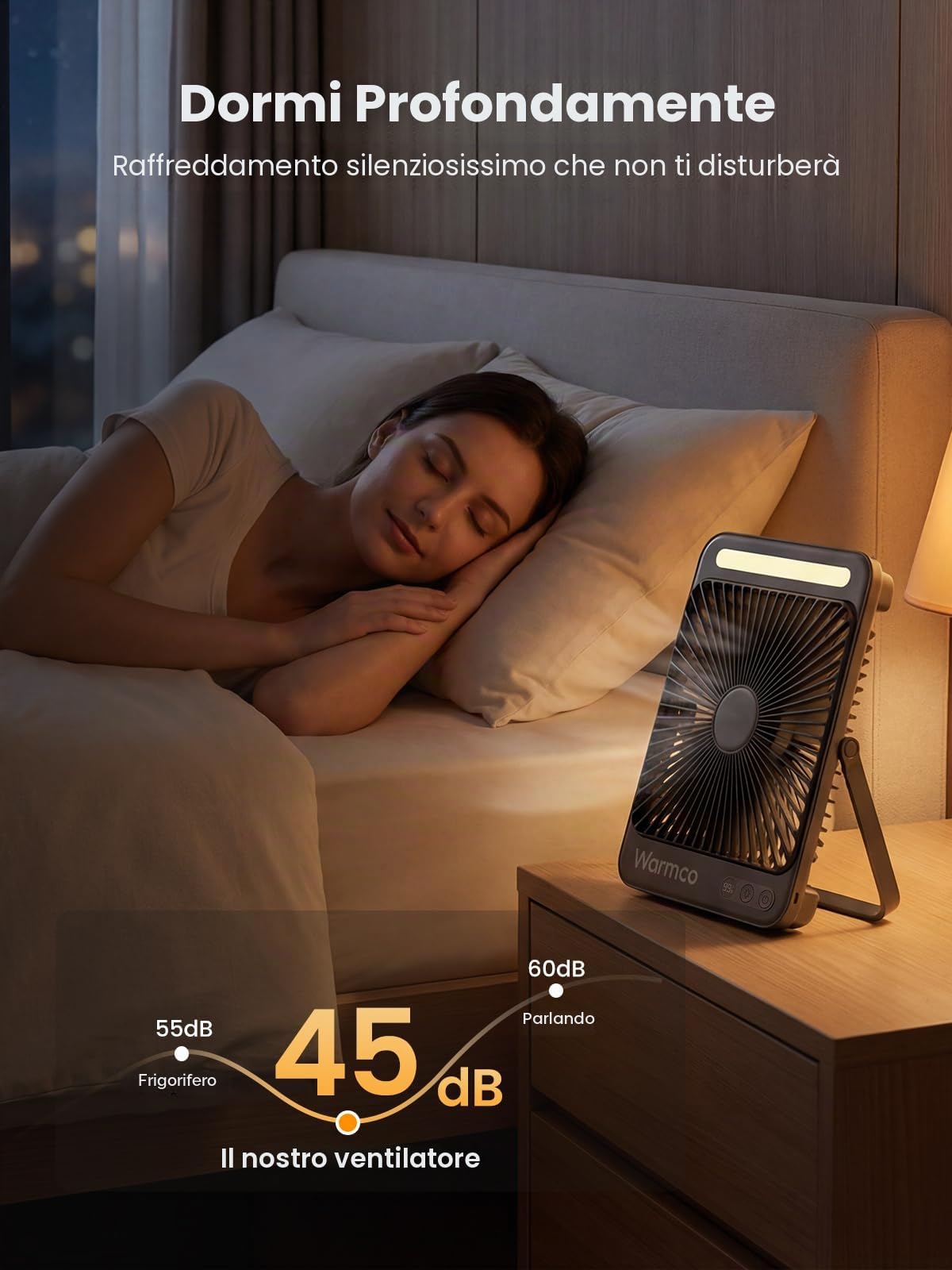 Warmco Ventilatore Campeggio 20000mAh Ricaricabile, Alto 27cm Ultra-Sottile con Luce LED, 48 Ore Durata, Ventilatore Tavolo Portatile per Tenda, Viaggi, Esterno, Casa