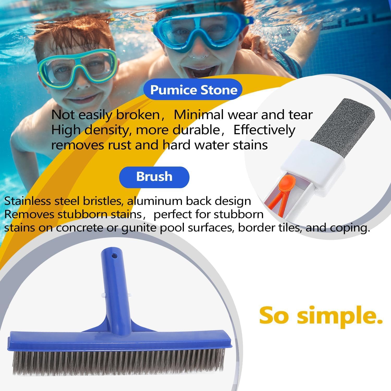 Pool Pumice Stone and 10 inch Stainless Steel Pool Brush Kit with EZ-Clip Handle to Reomve Erase Rust Stain Spot in Concrete Plaster Pool Spa and Calcium Deposit on Pool Tile