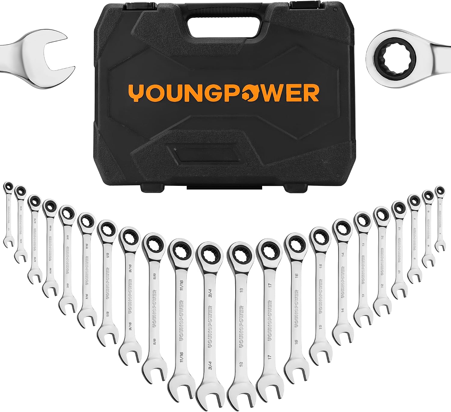 YOUNGPOWER 22-Piece Ratcheting Wrench Set, SAE & Metric, 1/4"-3/4" & 6-18mm