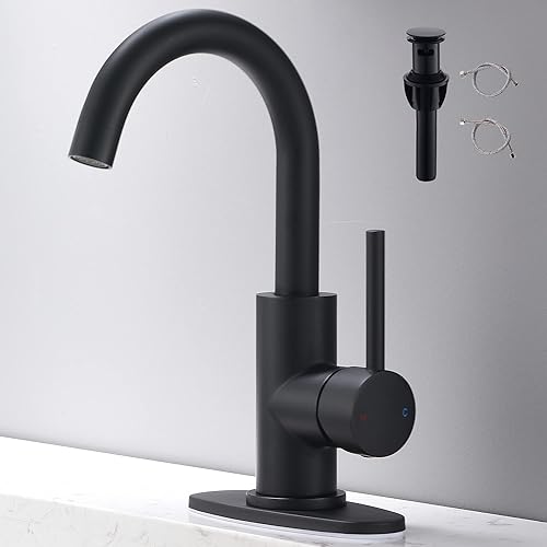Miniatura 1 de Grifo de lavabo de baño de una sola manija color negro mate, grifo de fregadero de barra giratoria de 360 con placa de cubierta, juego central de 4