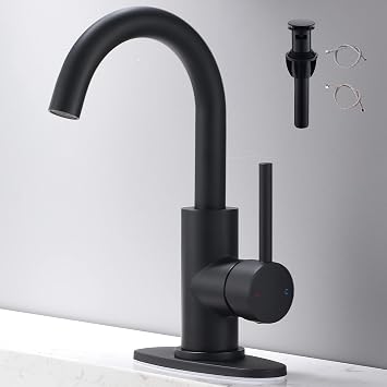 Matte Black Single Handle Bathroom Sink Faucet, 360 Swivel Spout Bar Sink Faucet with Deck Plate 4 Inch Centerset Black Bathroom Faucet with Pop-Up Drain Black Bathroom Lavatory Vanity Faucet