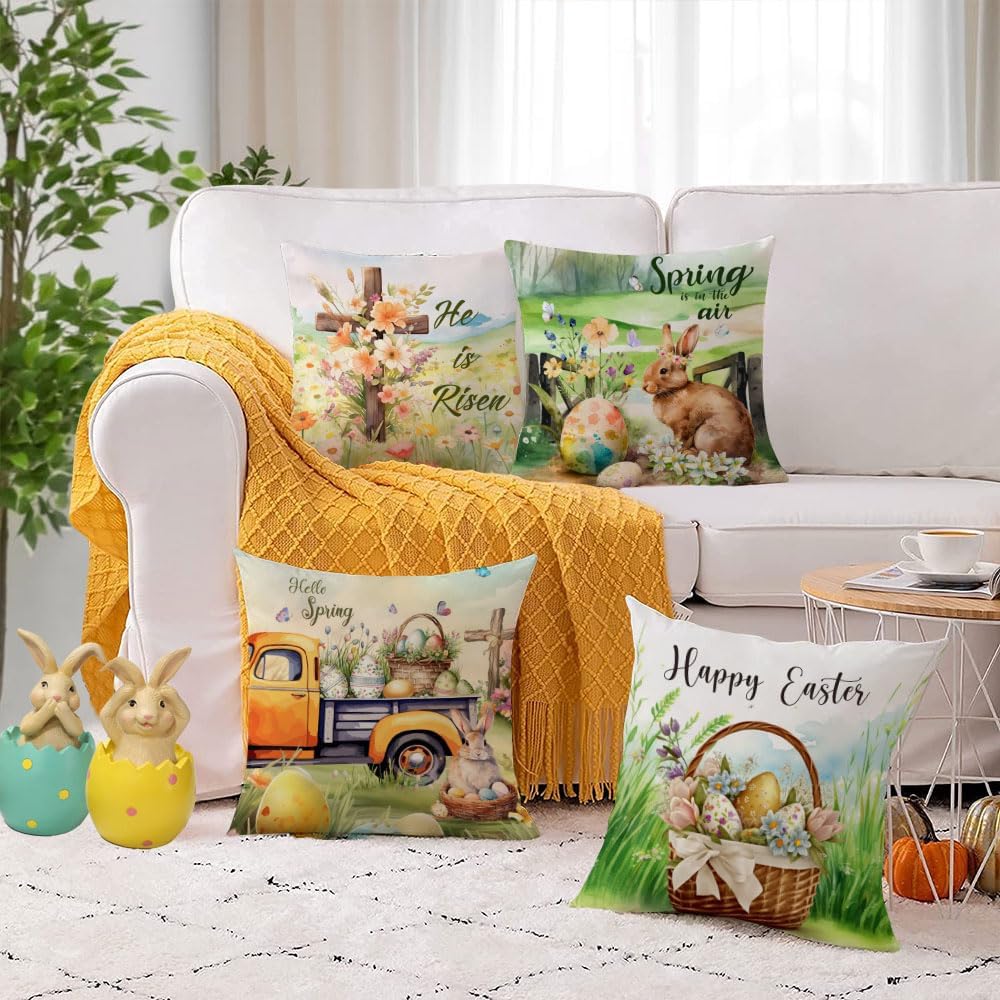 Easter Throw Pillow Covers 20x20 Set of 4 Soft Velvet Spring Easter Pillow Covers Farmhouse Easter Bunny Egg Flower Truck Cushion Covers Pillow Cases for Home Outdoor Sofa Couch Decoration（20 inch）