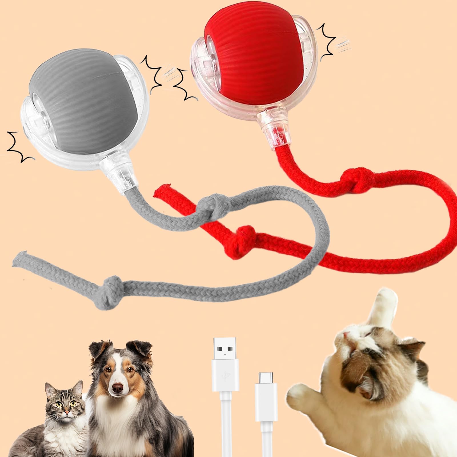 Donubiiu Pet Cat Toy, Active Rolling Ball With Tail For Dogs, Smart Interactive Pet Toy Ball, USB Rechargeable for Cat Dog (mixa*2)