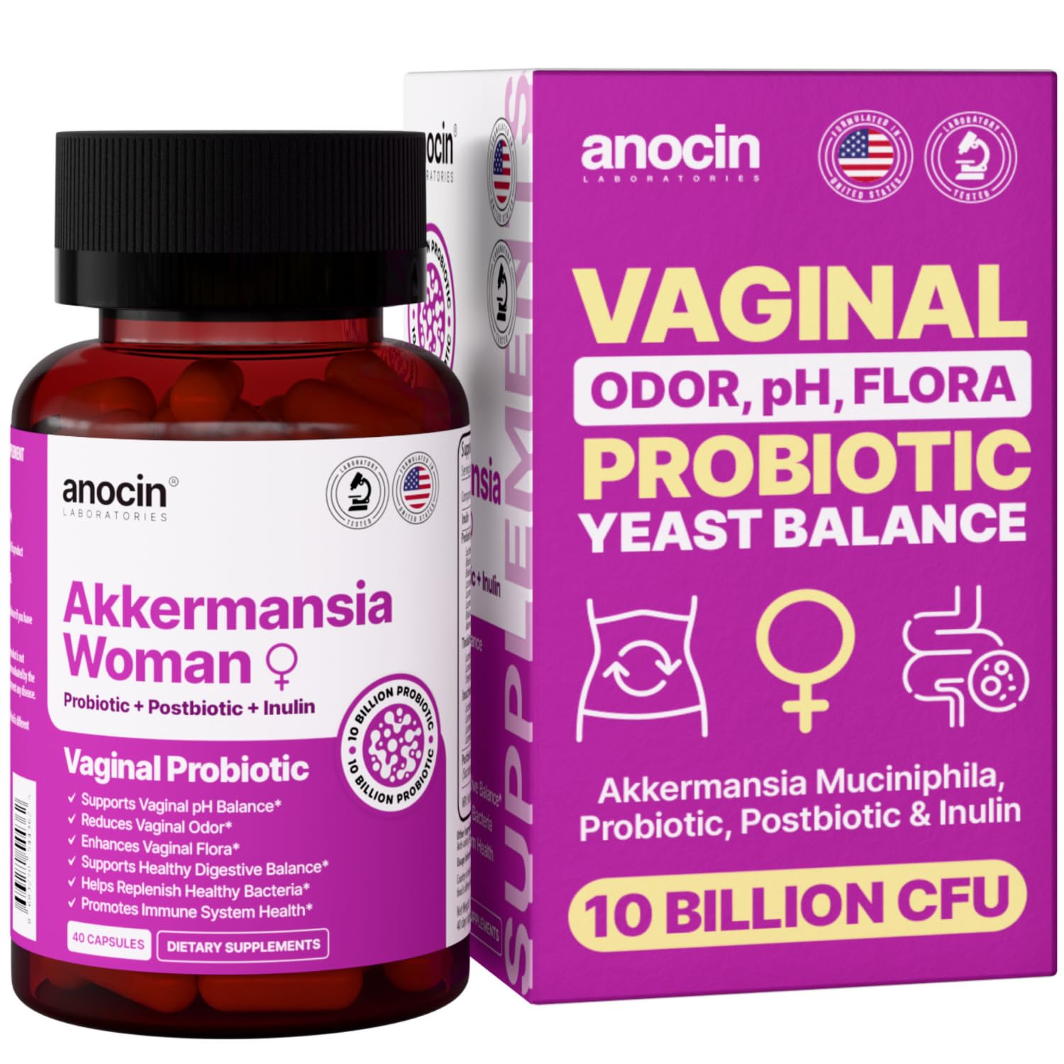 Akkermansia Probiotic com Prebiótico + Probióticos Vaginais para Saúde Intestinal, 10 Bilhões de UFC, Suplemento de GLP-1 e Apoio Imunológico