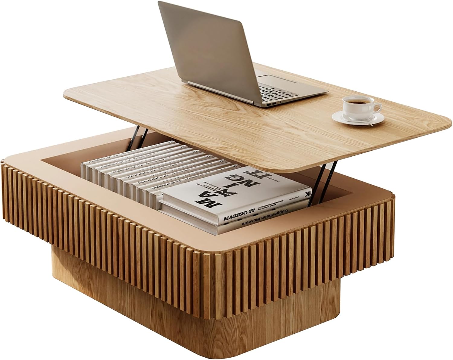 Pvillez 38.6" Lift Top Coffee Table, Rectangle Coffee Table with Hidden Compartment Storage, Farmhouse Wood Fluted Center Table Accent Cocktail Tea Table with for Living Room Home Office Apartment