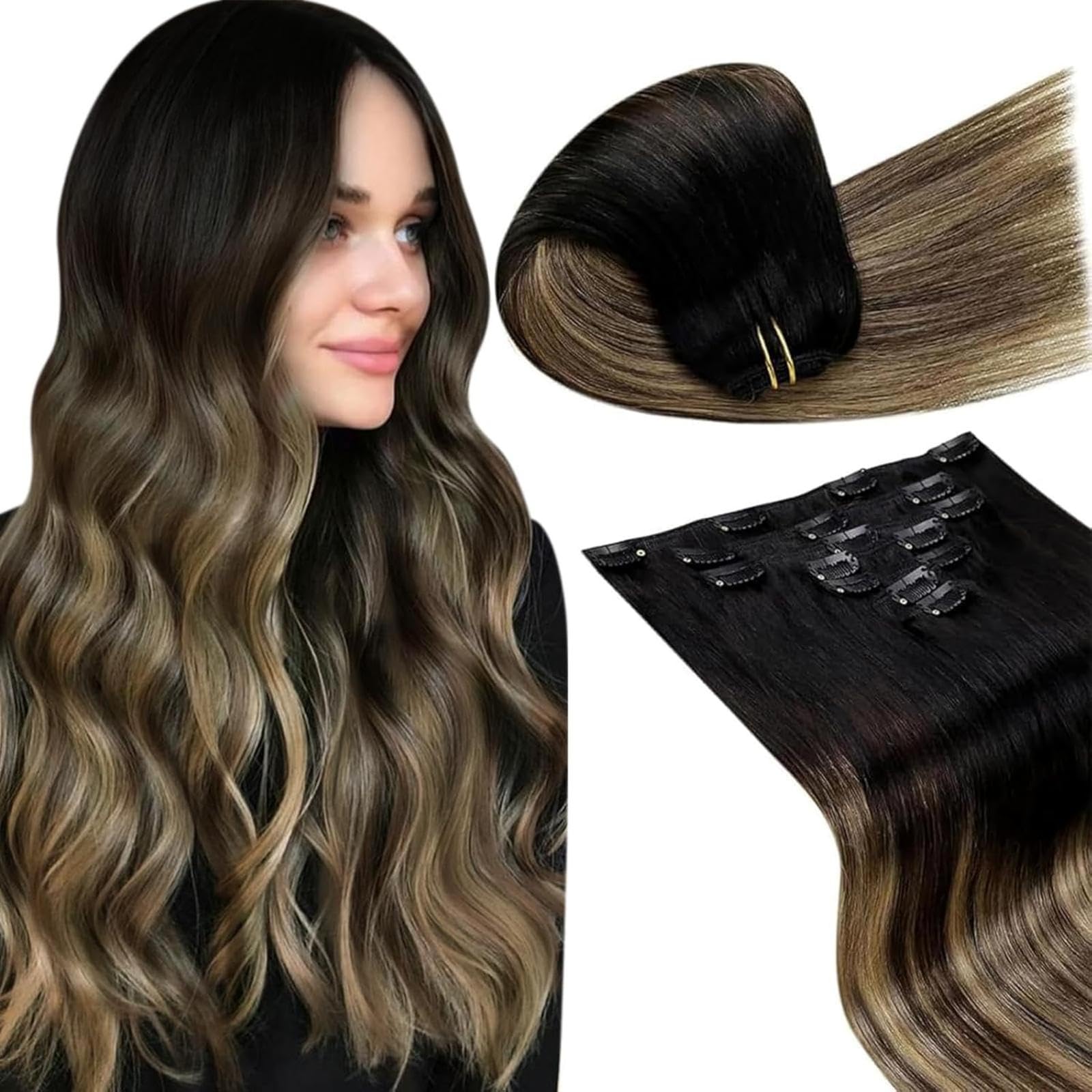 LaaVoo Clip in Hair Extensions Real Human Hair Black Ombre Human Hair Clip in Extensions Black Balayage Brown Mix Caramel Blonde Real Hair Extension