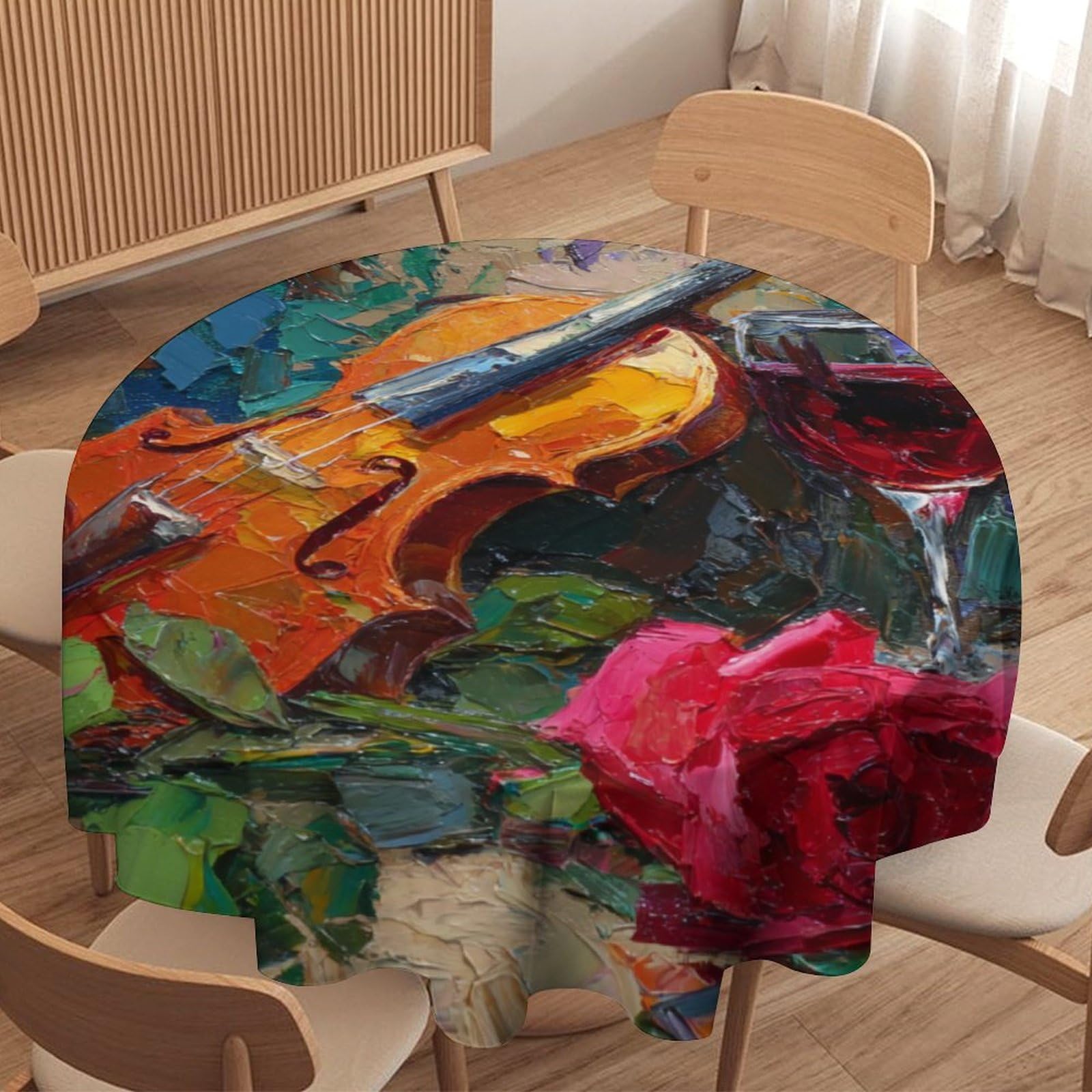 LUYYSKY Vintage Rustic Music Theme Violin Waterproof Round Tablecloth Modern Colorful Music Instrument Roses Floral Wine Glass Washable Table Cover for Kitchen-127 Wx127 L cm