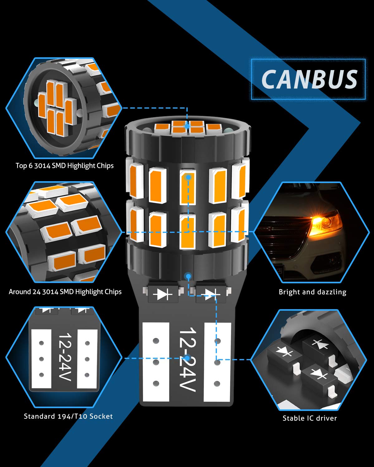 KATUR 194 T10 W5W 168 żarówka LED super jasna bursztynowa żółta 30-SMD 3014 Chipy 12-24 V CANBUS bezbłędne żarówki LED zamiennik do kopuły samochodu drzwi uprzejmość oświetlenie tablicy rejestracyjnej (ulepszona wersja)