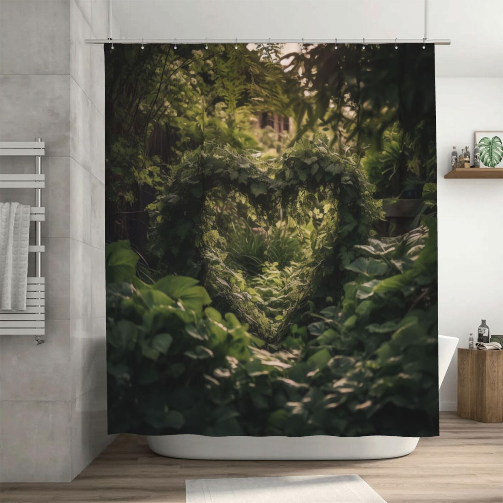 Rideau de douche motif feuilles vertes en cœur, tissu imperméable et épais avec 12 crochets