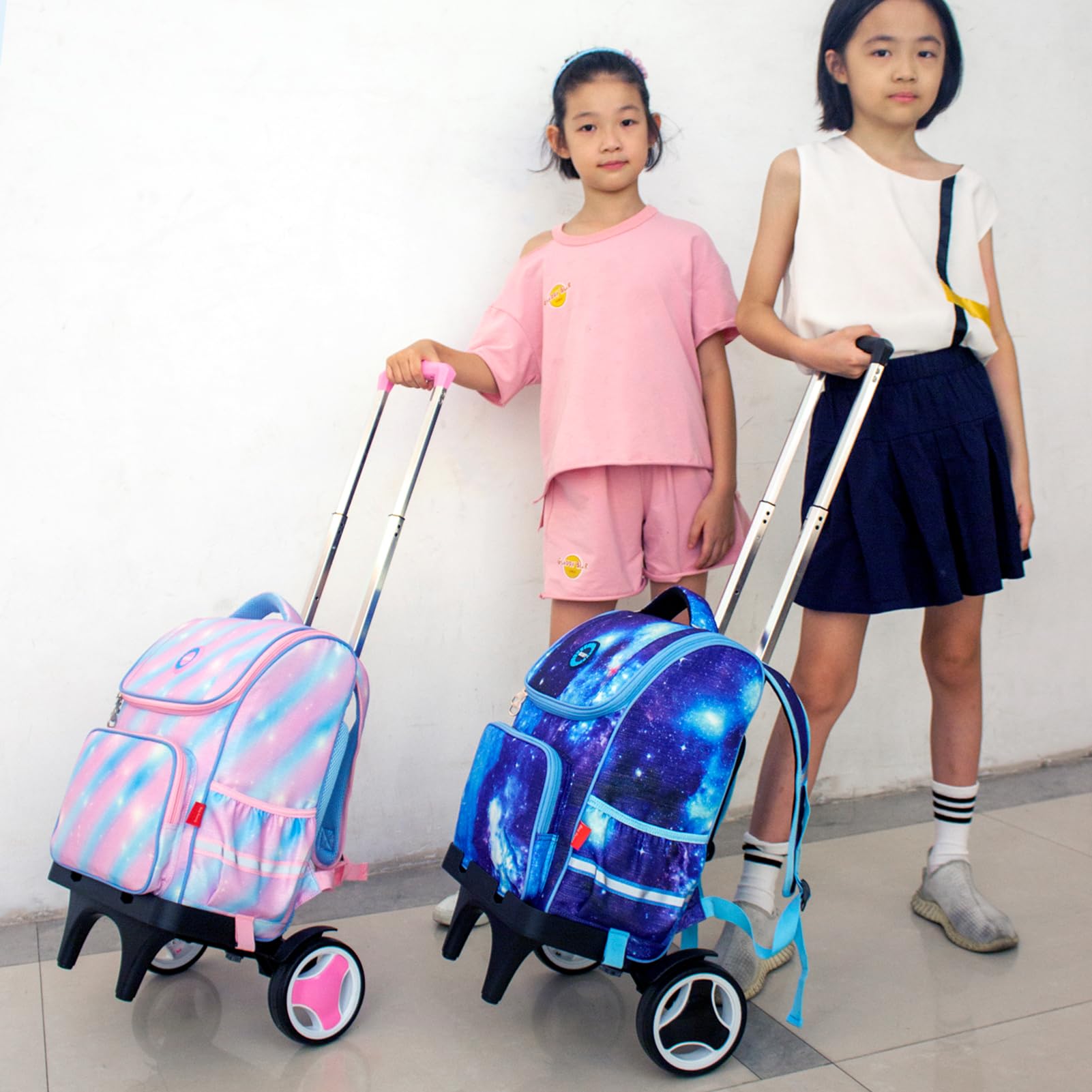 Carrello trolley con ruote per salire le scale, telaio pieghevole in alluminio, manico regolabile e capacità di 34,9 kg, ruote grandi silenziose con paraspigoli, colore rosa, adatto per borse da