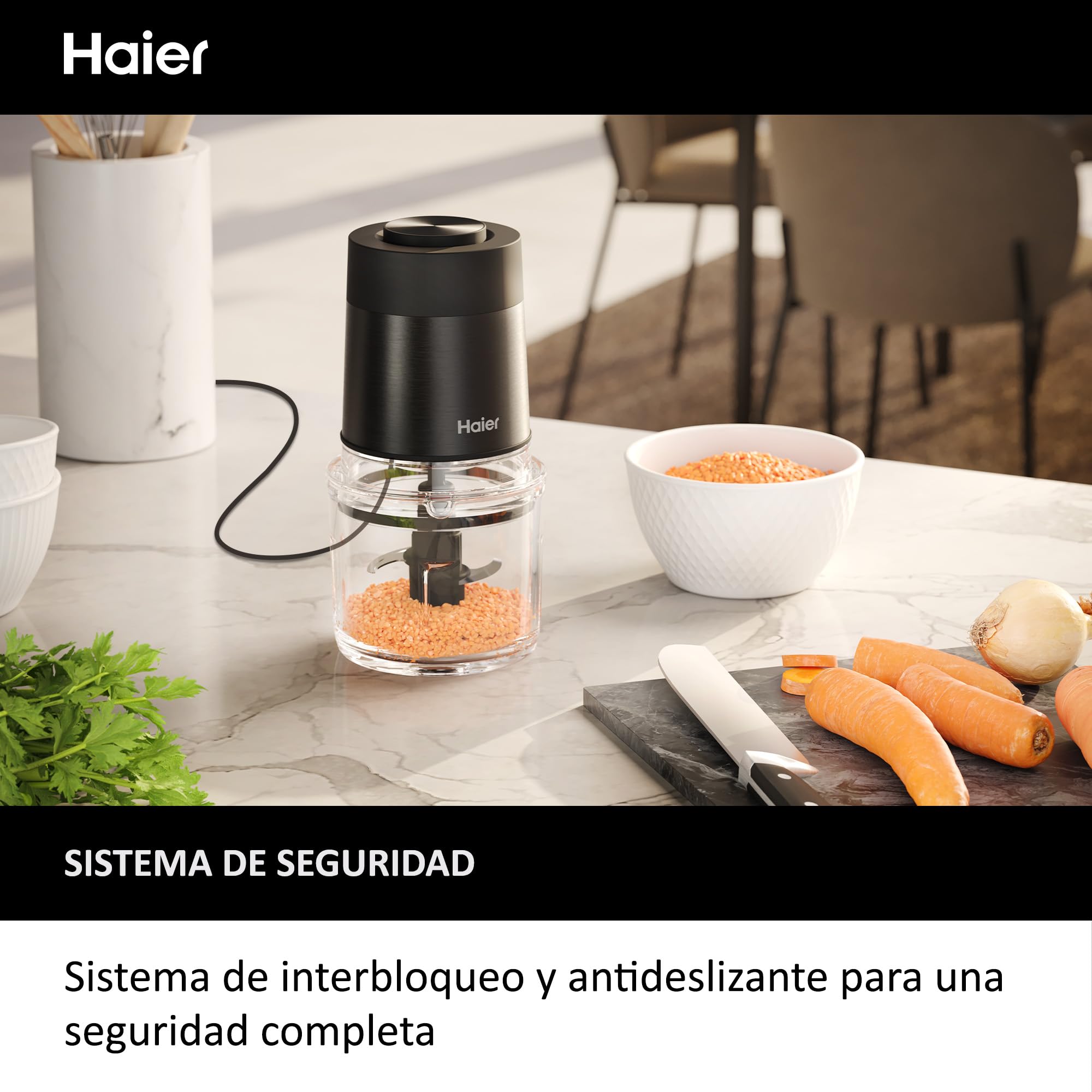 HAIER Picadora Compacta, Eléctrica 550W, 2 Velocidades, Picadora de Verduras, Base Antideslizante, Bol de Vidrio de 0,5L [I-Master Series 5]