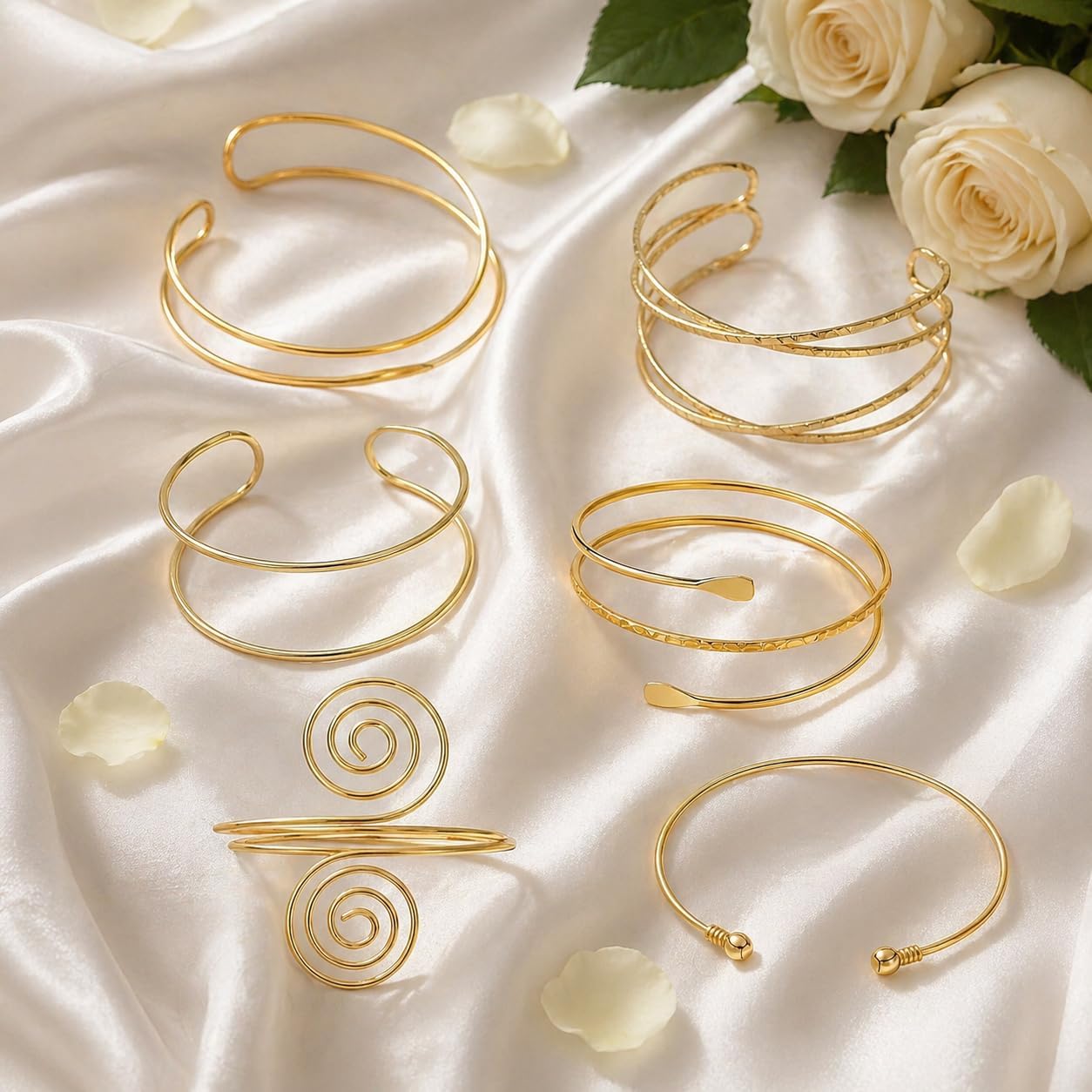 ADULLPONY 6 PCS Gold Upper Arm Cuff Bracelets for Women - Boho Open Adjustable Arm Band Set, Lightweight Upper Arm Jewelry for Parties, Festivals & Daily Wear