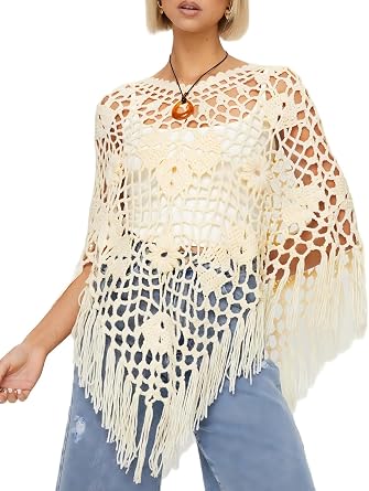 LILTWIST Women Boho Fringe Poncho Crochet Hollow out Sweater Asymmetrical Knit See Through Shrug Shawl Summer Beach Cover Up