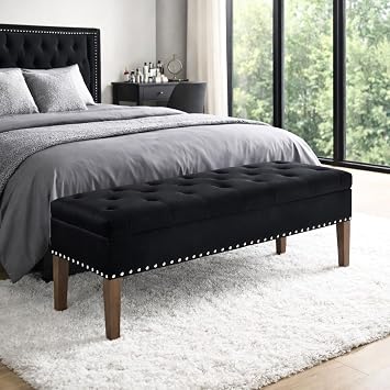 Storage Bench for Bedroom, 48 Velvet Tufted End of Bed Queen Size Upholstered Shoe Bench with Wood Legs for Entryway, Hallway, Bedroom, Living Room, Black.