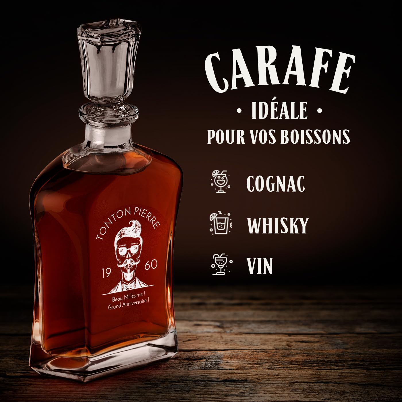 Maverton Ensemble de Carafe en verre Rhum Cognac Avec 6 verre a Whisky Gravés - Cadeau Personnalisé pour lui - Idee Cadeau Homme Anniversaire - 700 ml Service Universel Verre Whisky et Carafe - Oncle