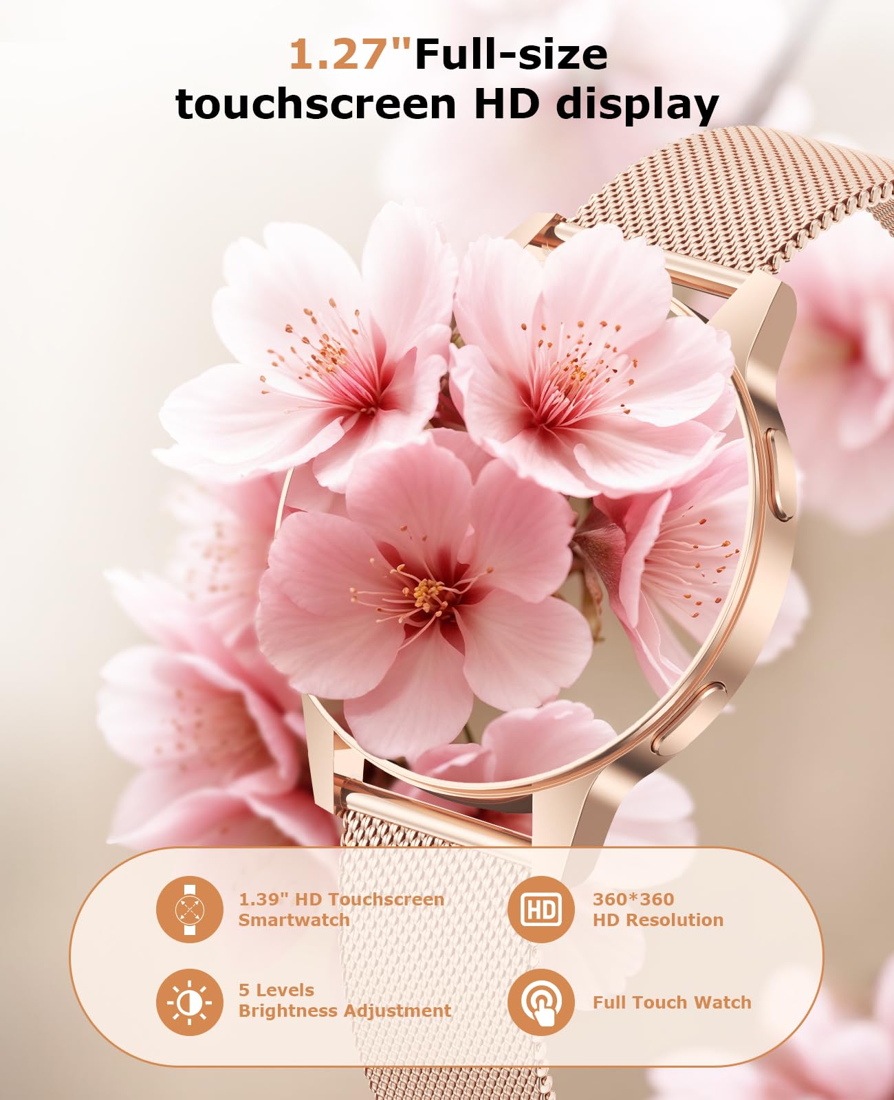 SLOKSFil Reloj Inteligente Mujer 1.27”HD Pantalla Táctil Completa Smartwatch Mujer con Llamadas Bluetooth, 24H Frecuencia Cardíaca Monitor Sueño,100+ Modos Deportes para iPhone Android (Oro Rosa)