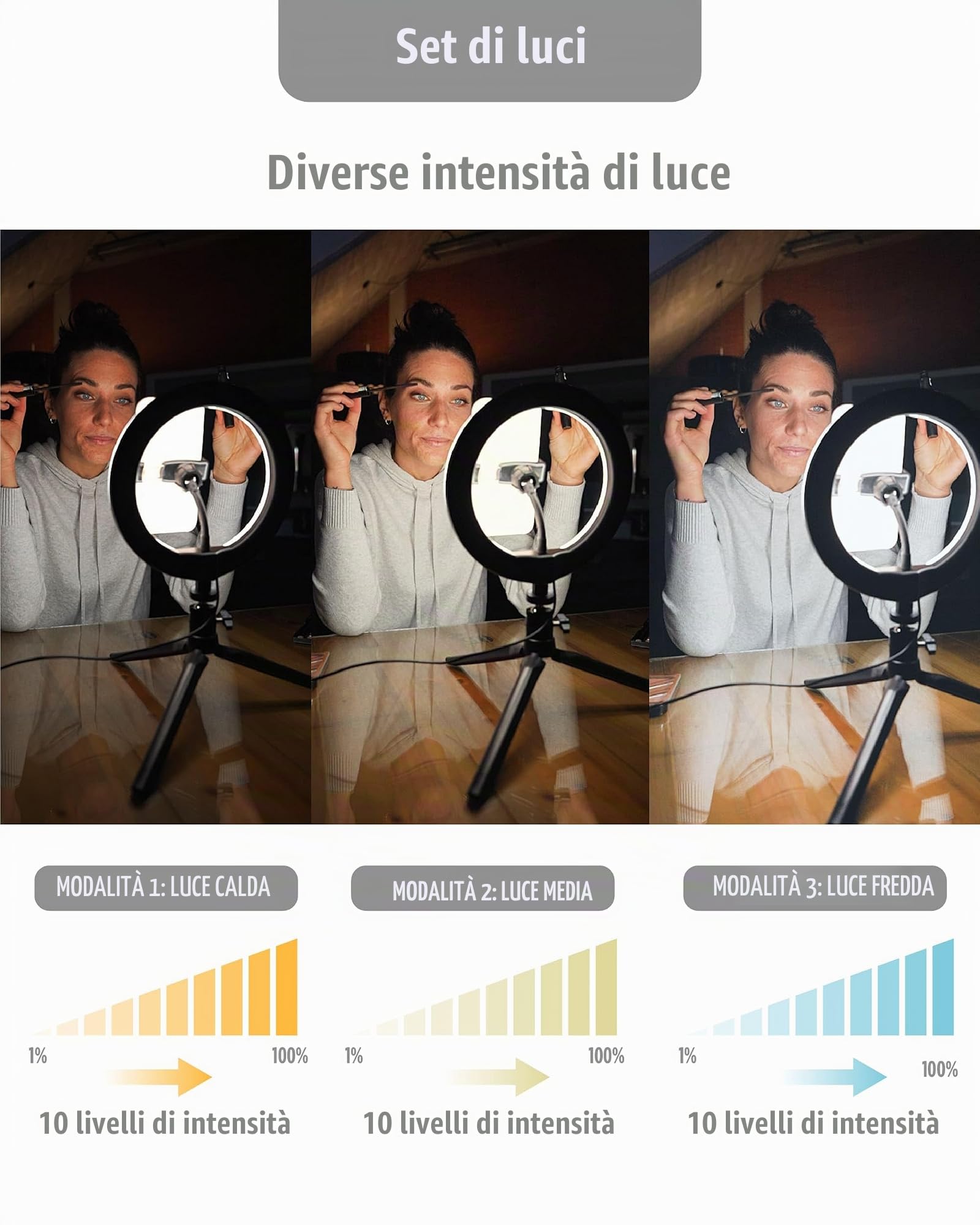 KSIX - Treppiede da tavolo regolabile, 15 colori ed effetti, anello di luce a LED per cellulare, 3 temperature di luce e 10 intensità di luminosità, per Tik Tok, fotografia, selfie