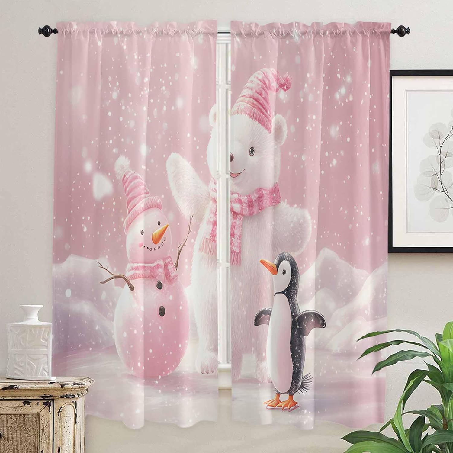 Christmas Pink Window Curtains 72 Inch Long 2 Panel Set, Rod Pocket Long Curtains & Drapes, Bear Penguin Snowman Cute Animal Ombre Light Filtering Window Treatment for Bedroom Living Room 52"W x 72"L