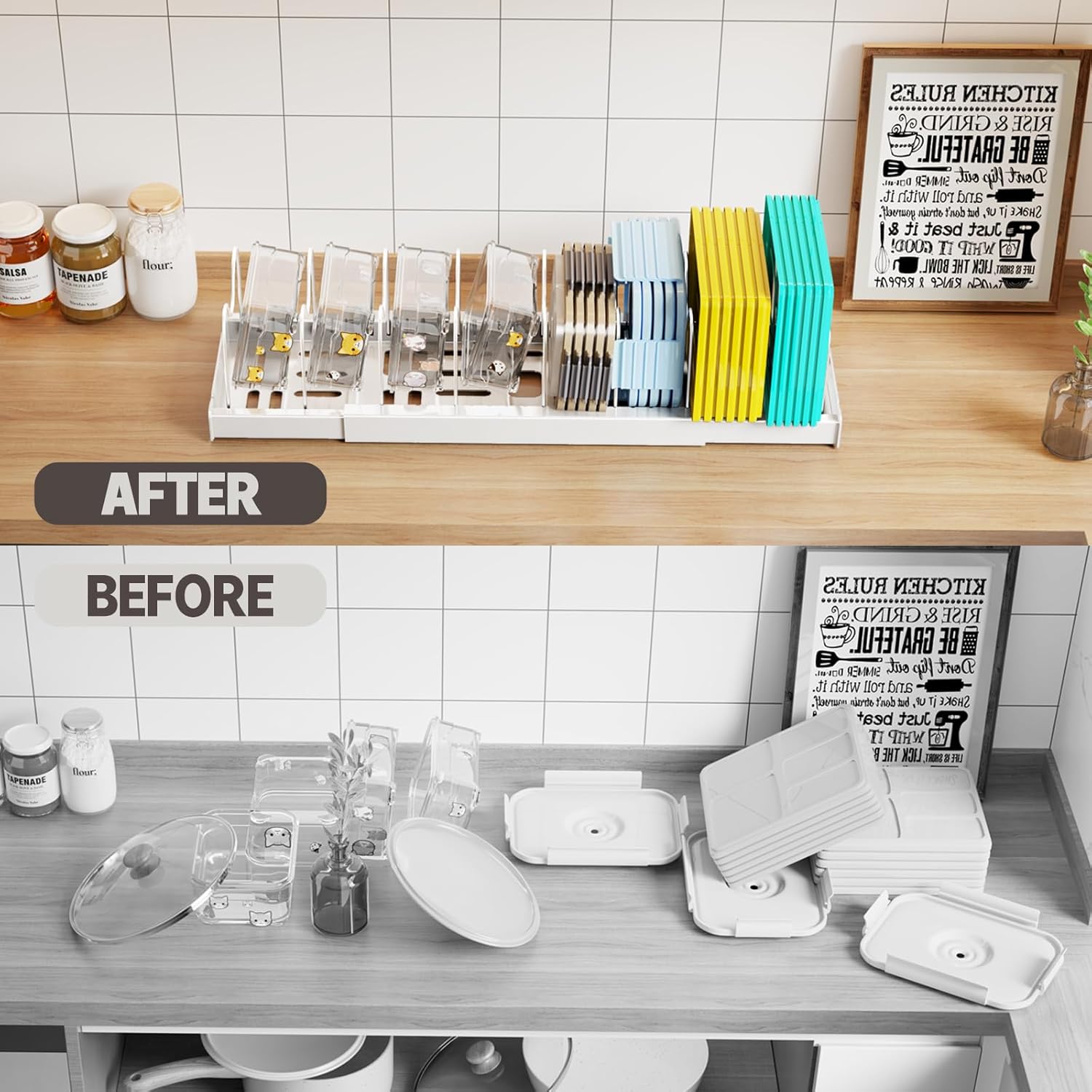 2 Pack Expandable Food Storage Container Lid Organizers, 22" Pots and Pans Organizer Under Cabinet with 9 Adjustable Dividers Pot and Pan Lid Holders Rack Inside Cabinet(White) - Image 6