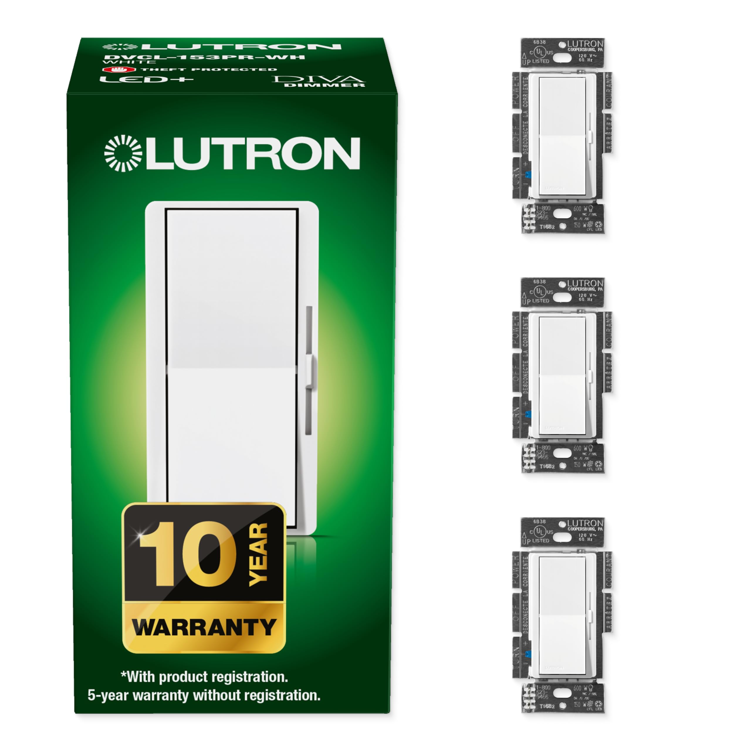 Lutron Diva LED+ Dimmer Light Switch for Dimmable LED, Halogen, and Incandescent Bulbs, 150 Watt, Single-Pole or 3-Way, DVCL-153P-WH-3-A, White, 3 Pack