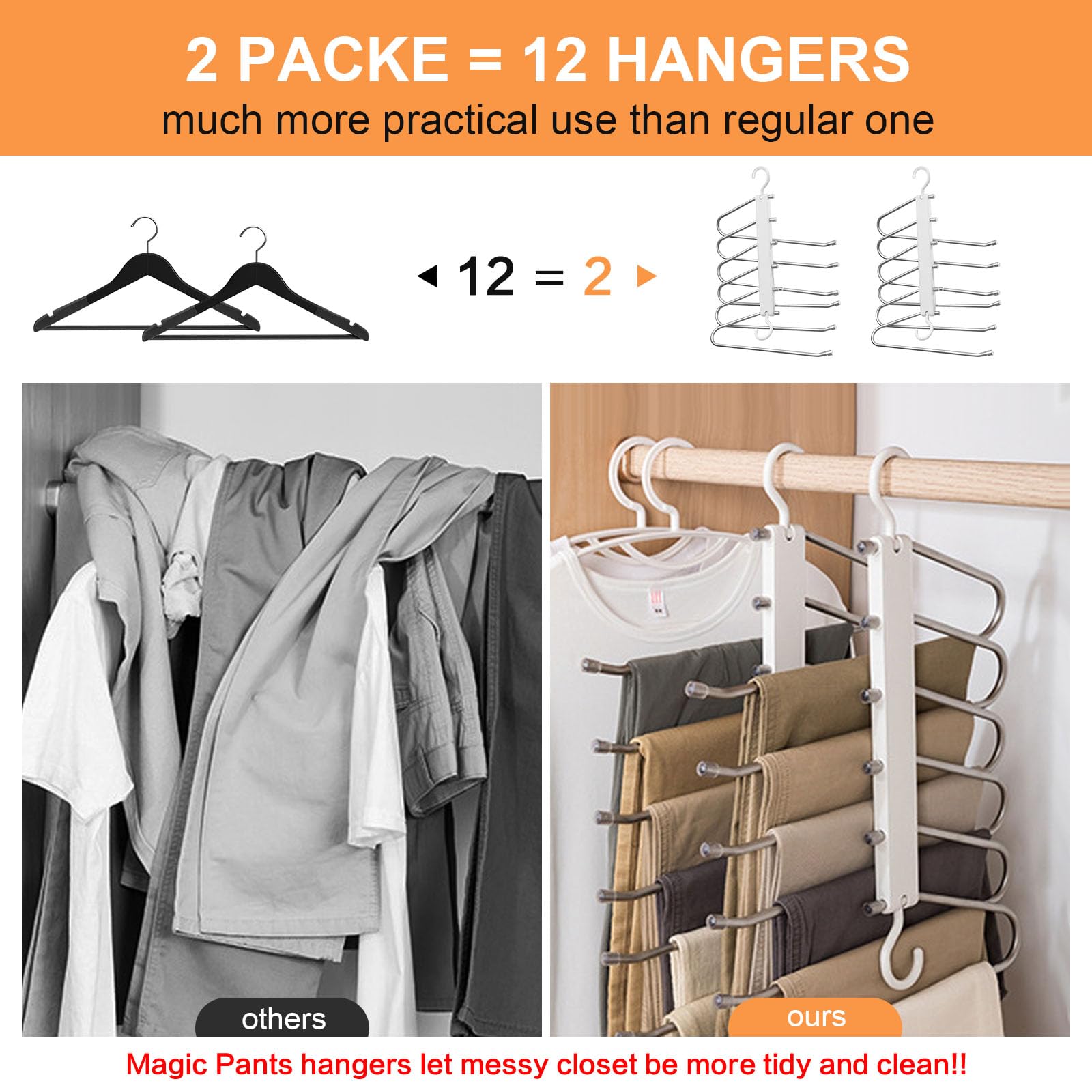 Grucce Pantaloni 6 In 1 Salvaspazio - 2 Pezzi, Acciaio Inox, Per Viaggi E Guardaroba