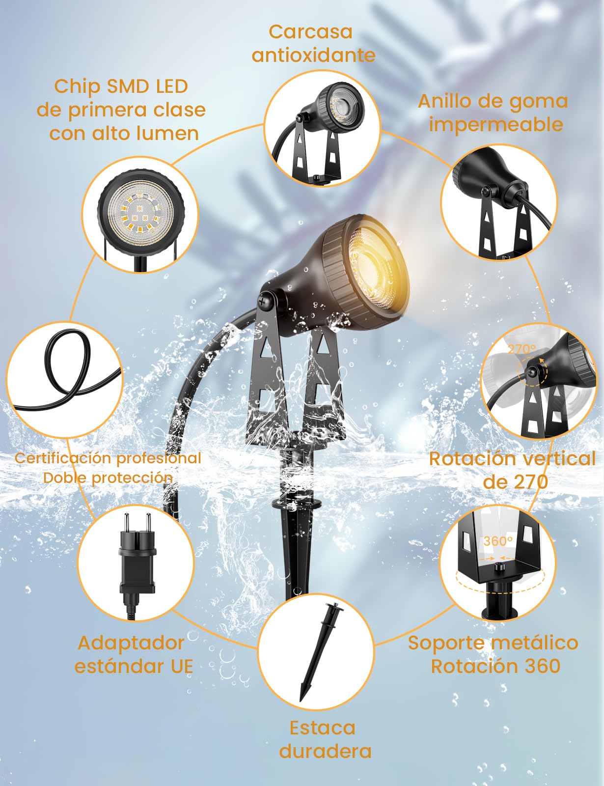 ZOTOYI Focos LED de Jardín IP68 Impermeable - 14M 4-en-1 Focos Jardin Exterior Ángulo Ajustable y Fácil Instalación, 4x400LM Lámpara para Paisaje, Árboles, Plantas, Césped, Camino y Senderos