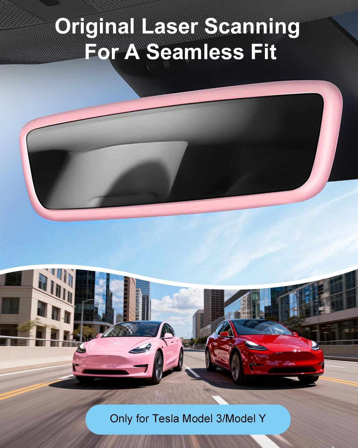Rear View Mirror Cover Pink for Tesla Model 3 Y Accessories, Rearview Mirror Cover Pink Car Decor, Accessories for Rear View Protector Frame, Car Decorations Interior for Model 3 Y Juniper Highland