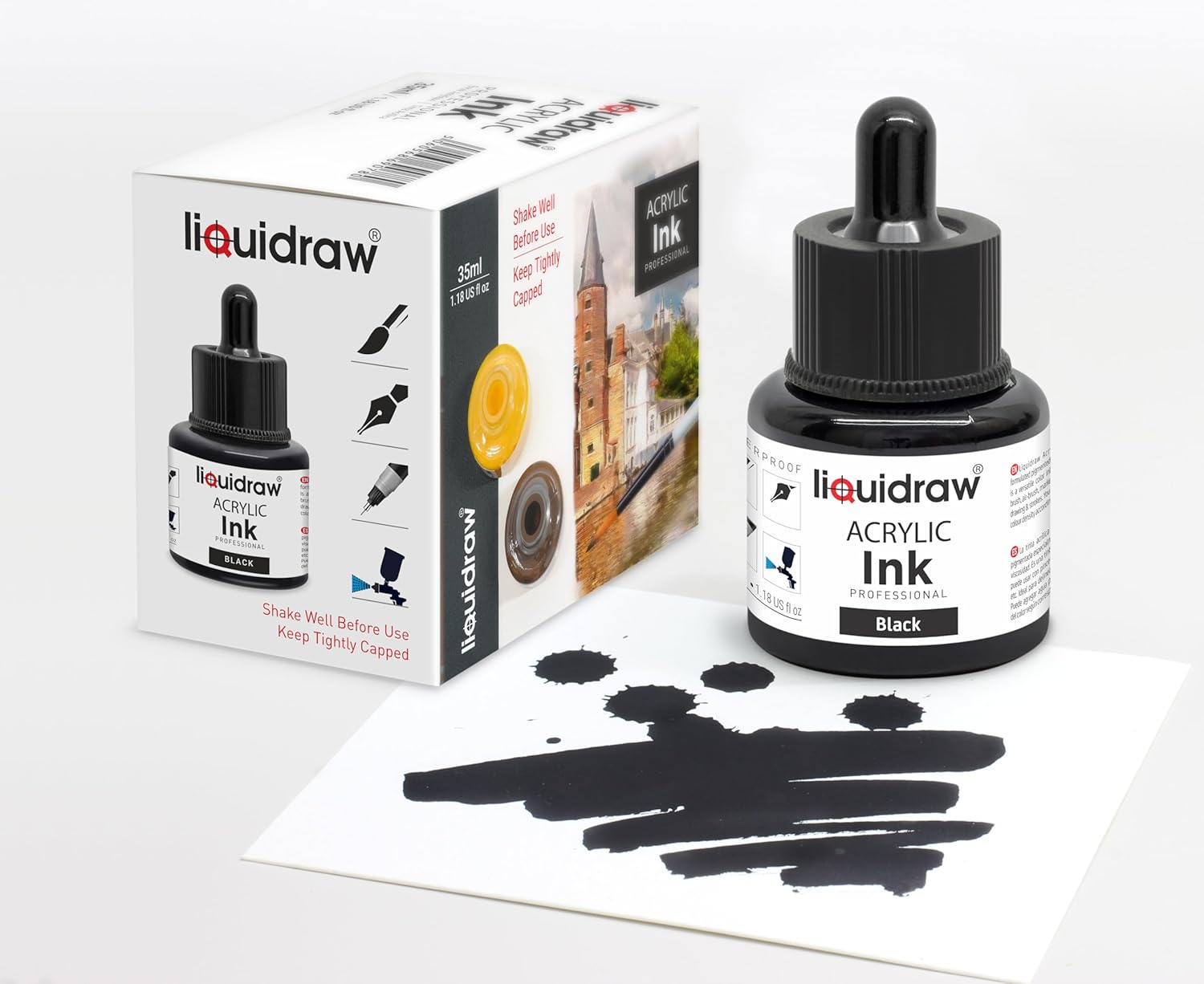 Liquidraw Acrylic Drawing Ink - 10 x 1.18 fl oz (35 ml) Bottles with Ink Dropper | Suitable for Painting, Art Drawing & Design | Great for Professionals, Artists, Students & Hobbyists | Craft Gift