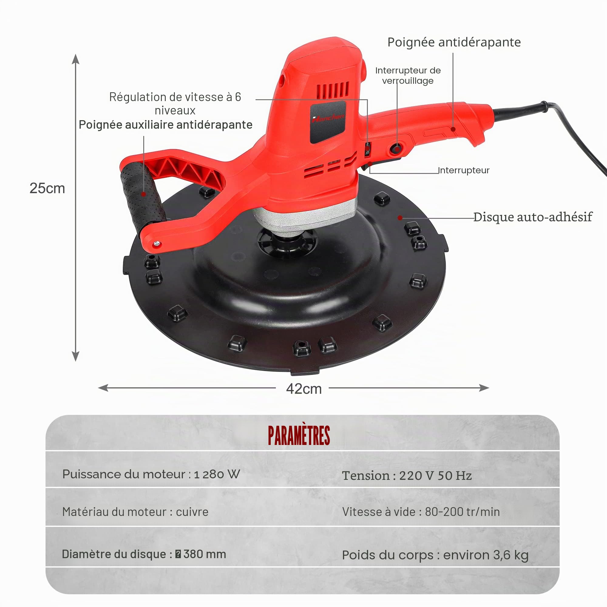 Hanchen Truelle Électrique Ponceuse Murale 1280W Polisseuse pour Ciment Mortier Béton Truelle Électrique Industrielle 6 Vitesses Réglables (Machine)